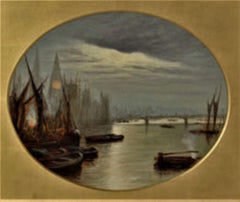 Óleo del siglo XIX, vista Londres, el Támesis, casas parlamento, Francis Maltino