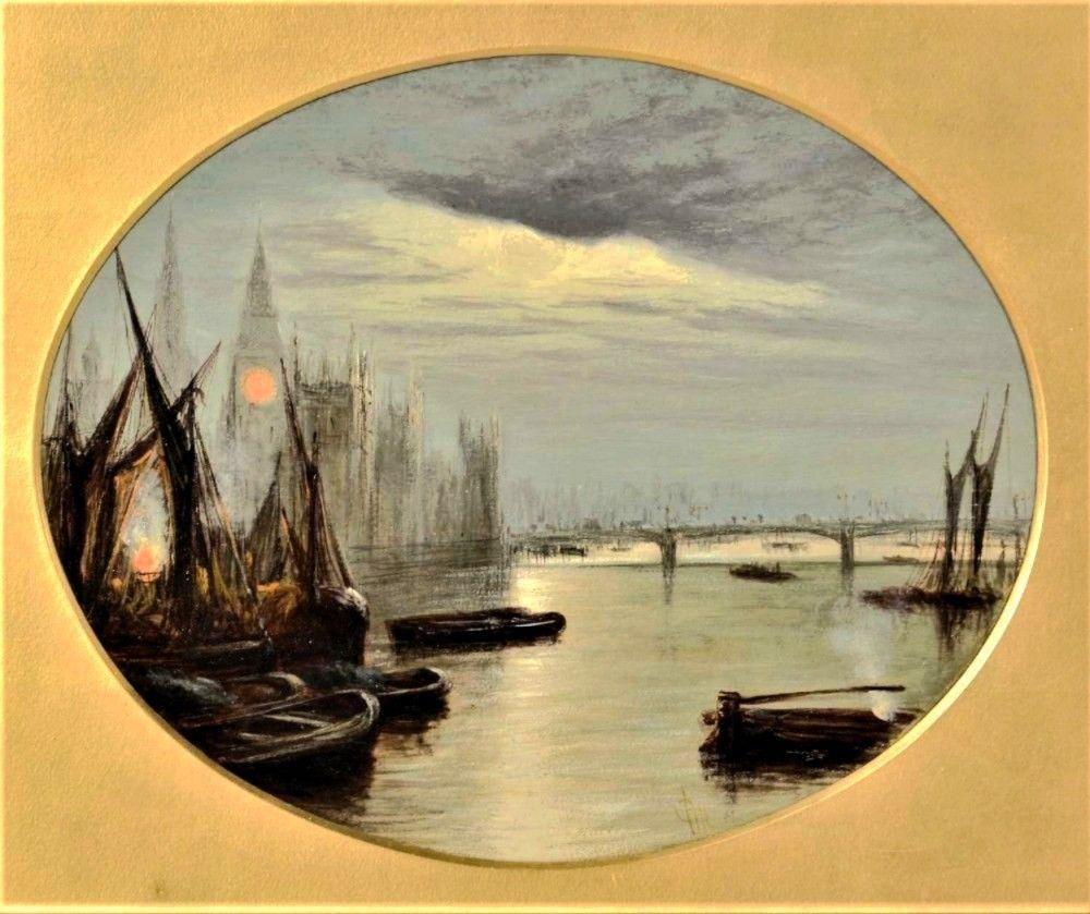 Óleo del siglo XIX, vista Londres, el Támesis, casas parlamento, Francis Maltino en venta 5