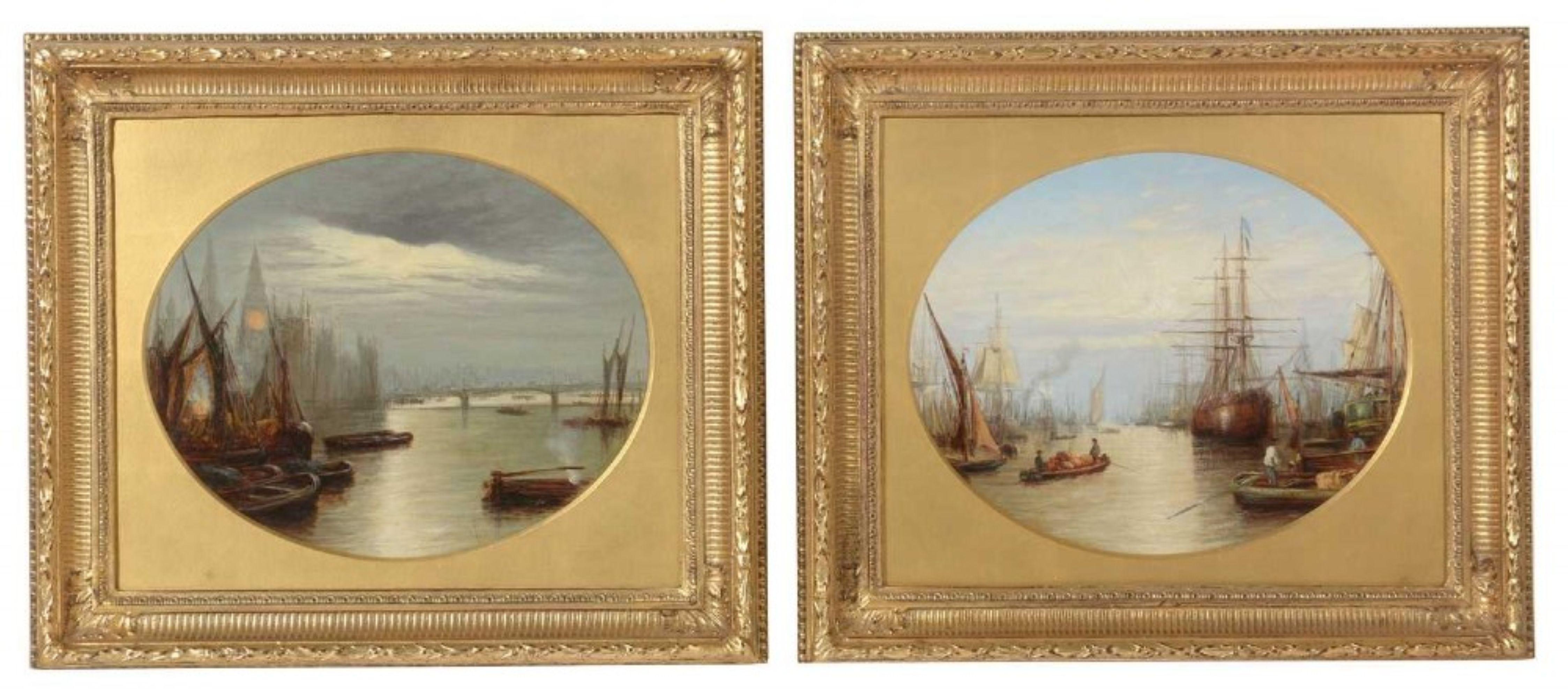 Une belle paire de peintures à l'huile, huile sur carton représentant des vues de la Tamise, l'une montrant les maisons du Parlement, l'autre des barges dans une voie de navigation très fréquentée.
Encadrée et vitrée, la taille est de 26 x 32 cm
