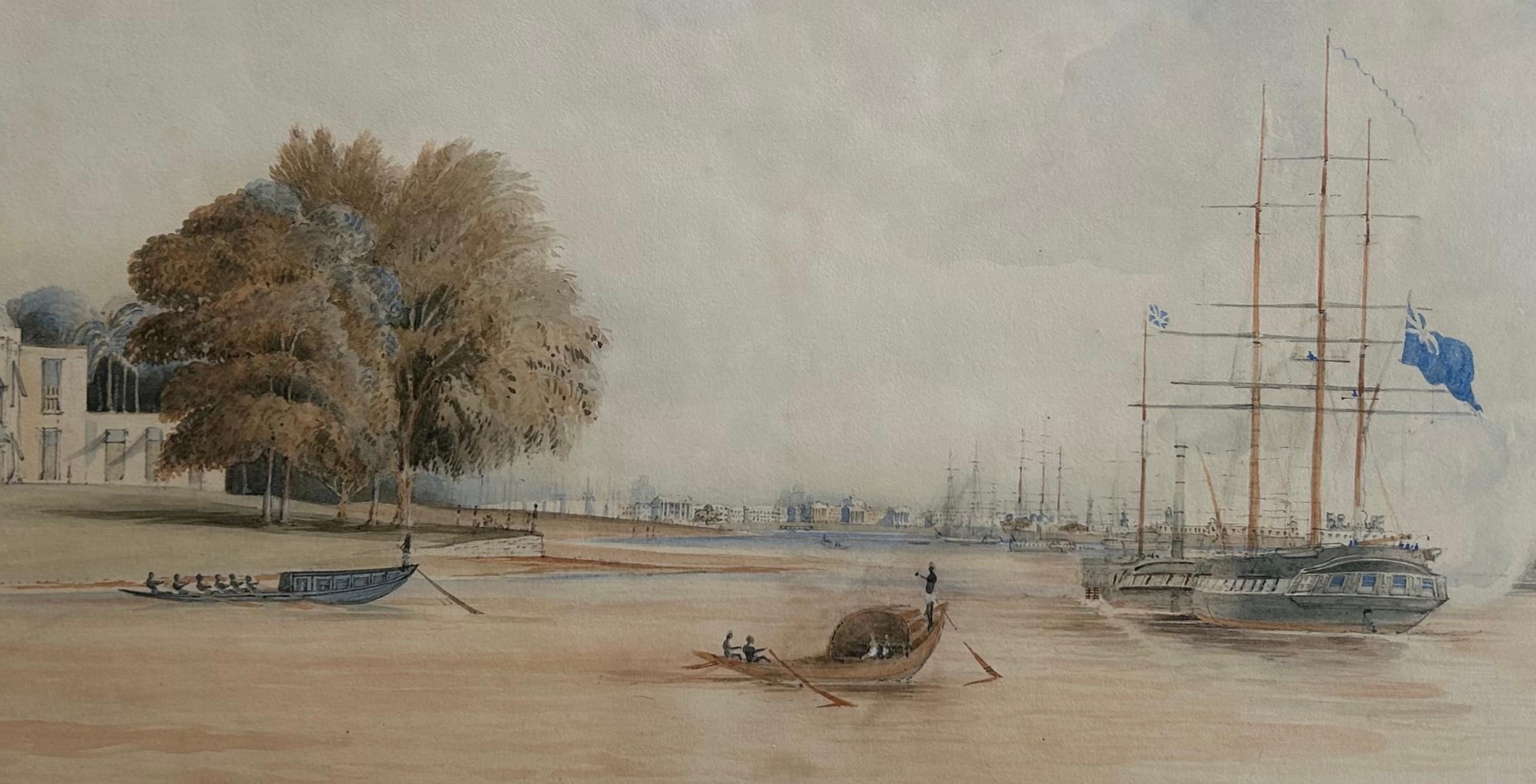 
A historically rich watercolour painting, Calcutta 1841

Francis Meynell  (1821-1870)
Calcutta from Garden Reach; HMShip Calliope Saluting
Watercolour on paper
Date: 1841
Signed bottom left; F Meynell, Titled on verso in pencil

Mounted Size: 18.2”