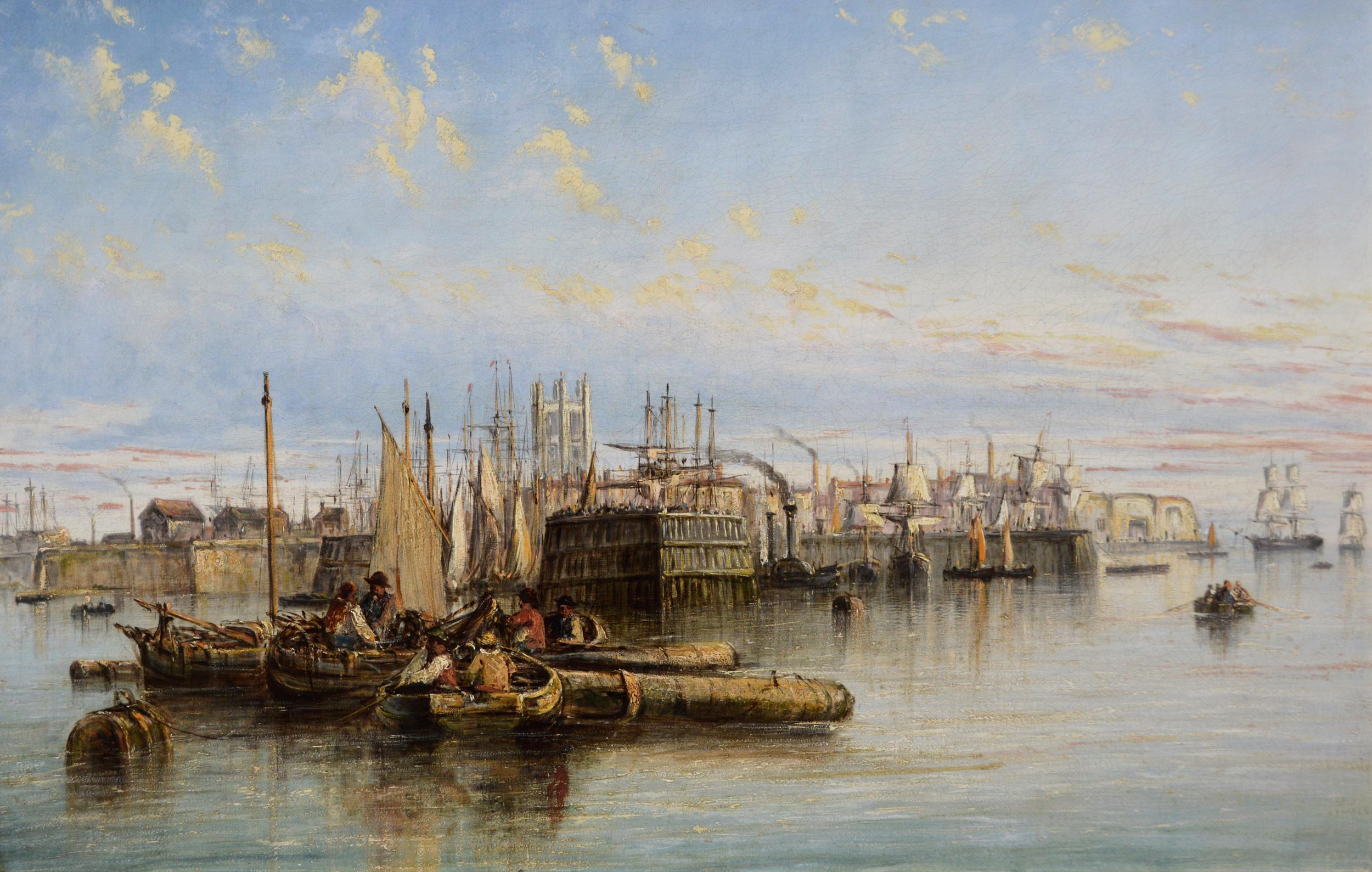 Peinture à l'huile du 19e siècle représentant des navires et des bateaux dans le port de Hull - Painting de Francis Moltino
