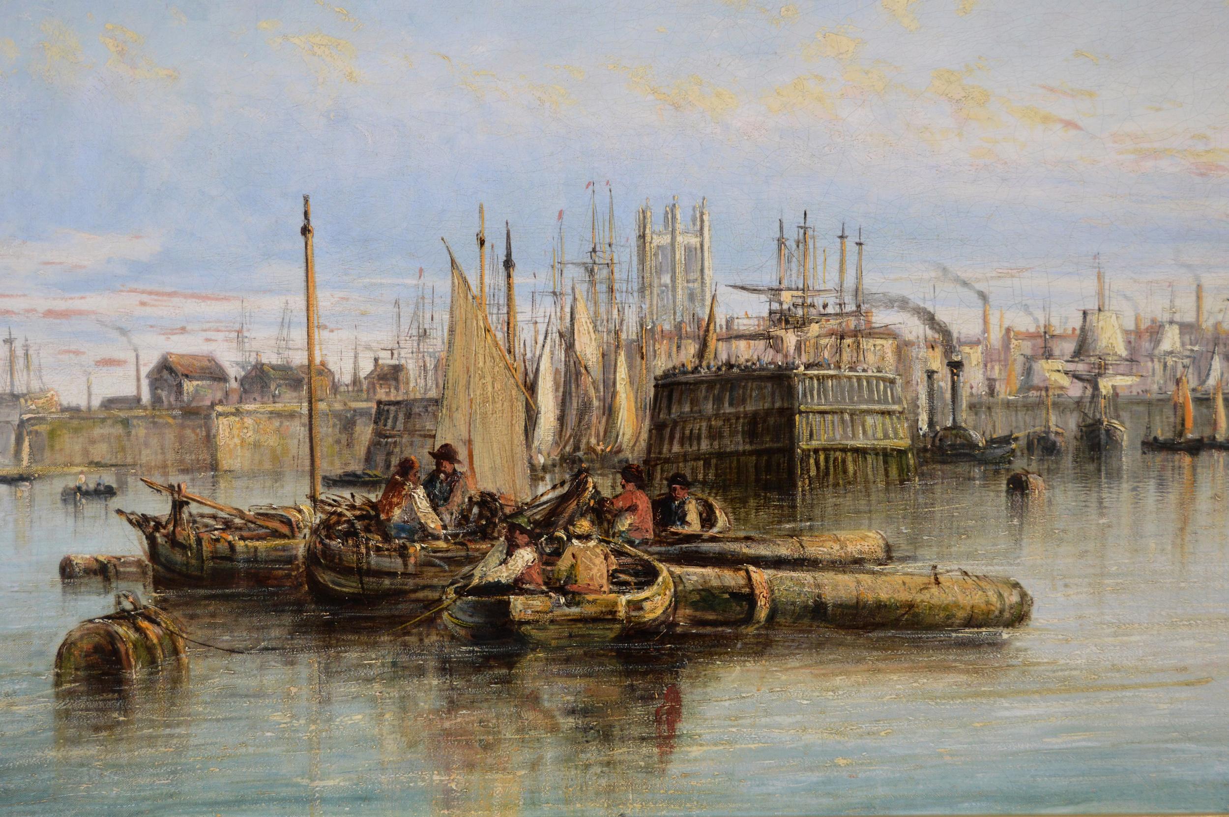 Peinture à l'huile du 19e siècle représentant des navires et des bateaux dans le port de Hull - Victorien Painting par Francis Moltino