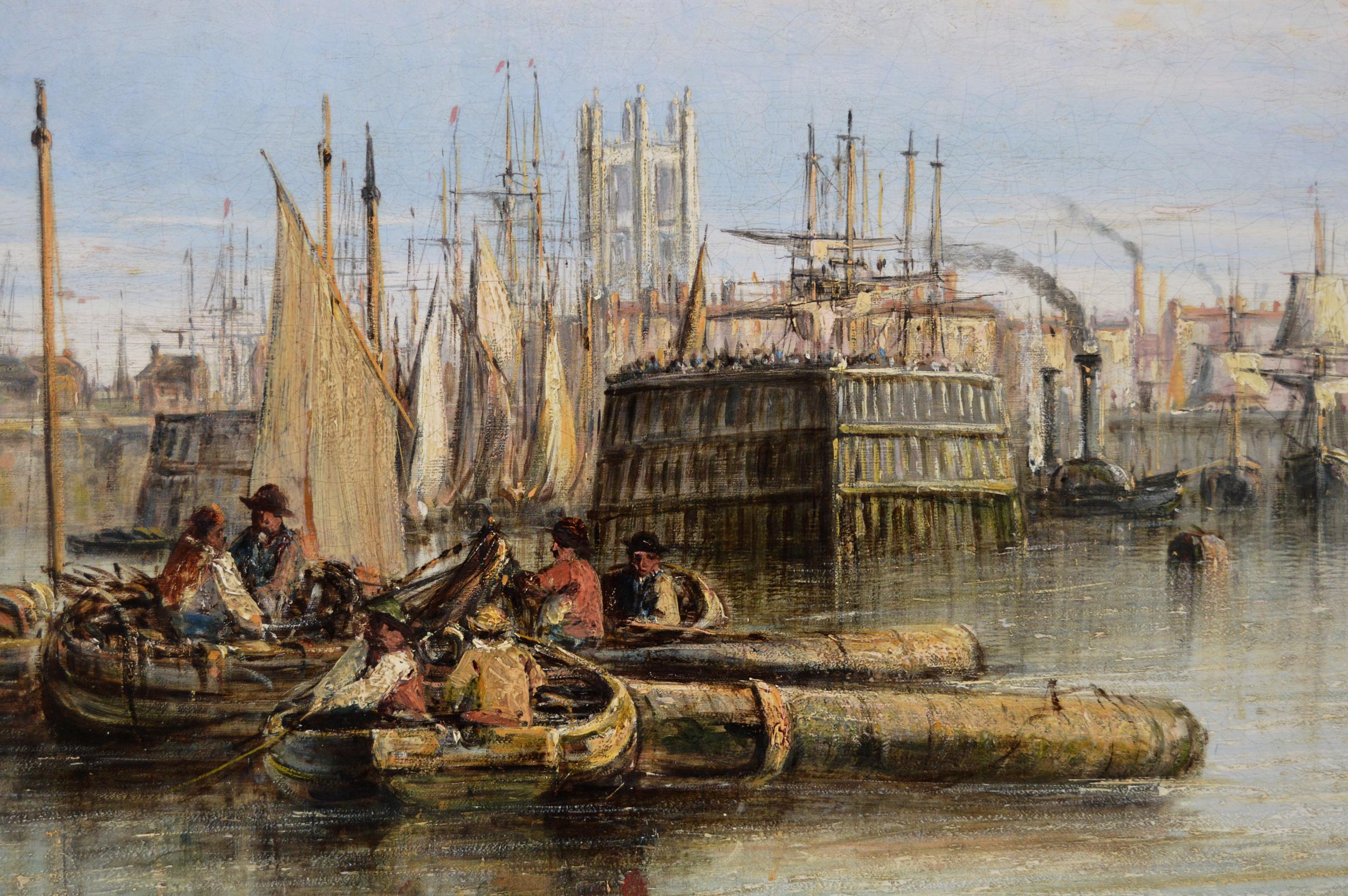 Peinture à l'huile du 19e siècle représentant des navires et des bateaux dans le port de Hull - Marron Landscape Painting par Francis Moltino