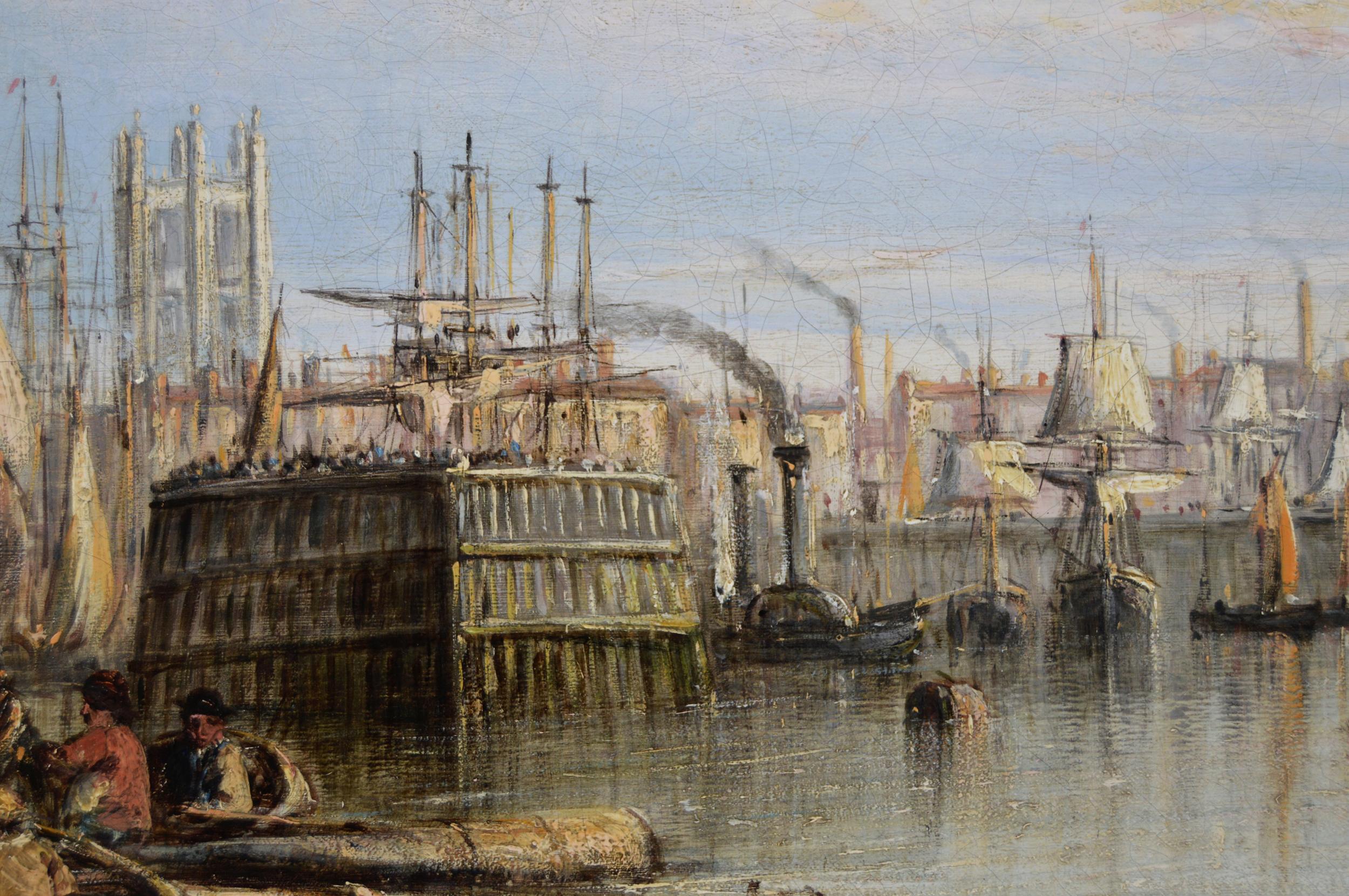 19th Century seascape oil painting of ships & boats at the port of Hull - Victorian Painting by Francis Moltino