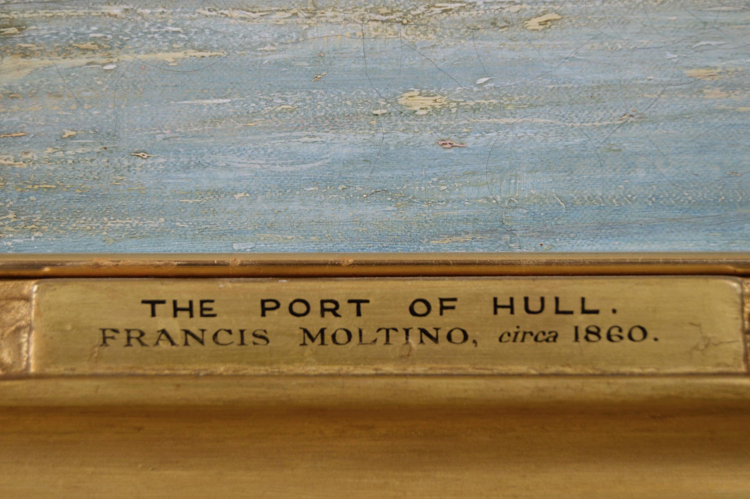 19th Century seascape oil painting of ships & boats at the port of Hull - Brown Landscape Painting by Francis Moltino