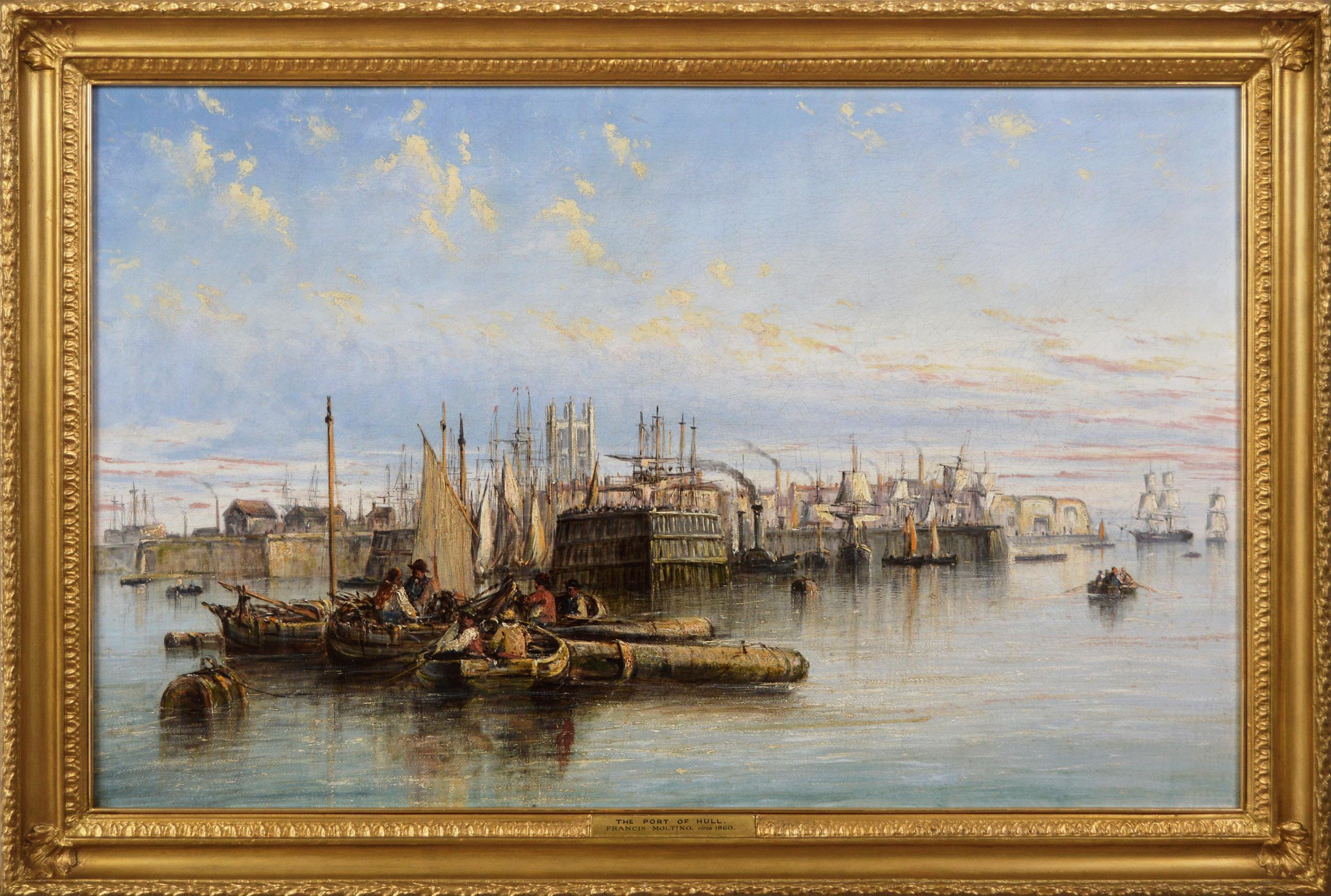 Peinture à l'huile du 19e siècle représentant des navires et des bateaux dans le port de Hull