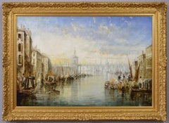 Peinture à l'huile du 19e siècle représentant un paysage urbain avec l'entrée du Grand Canal, Venise