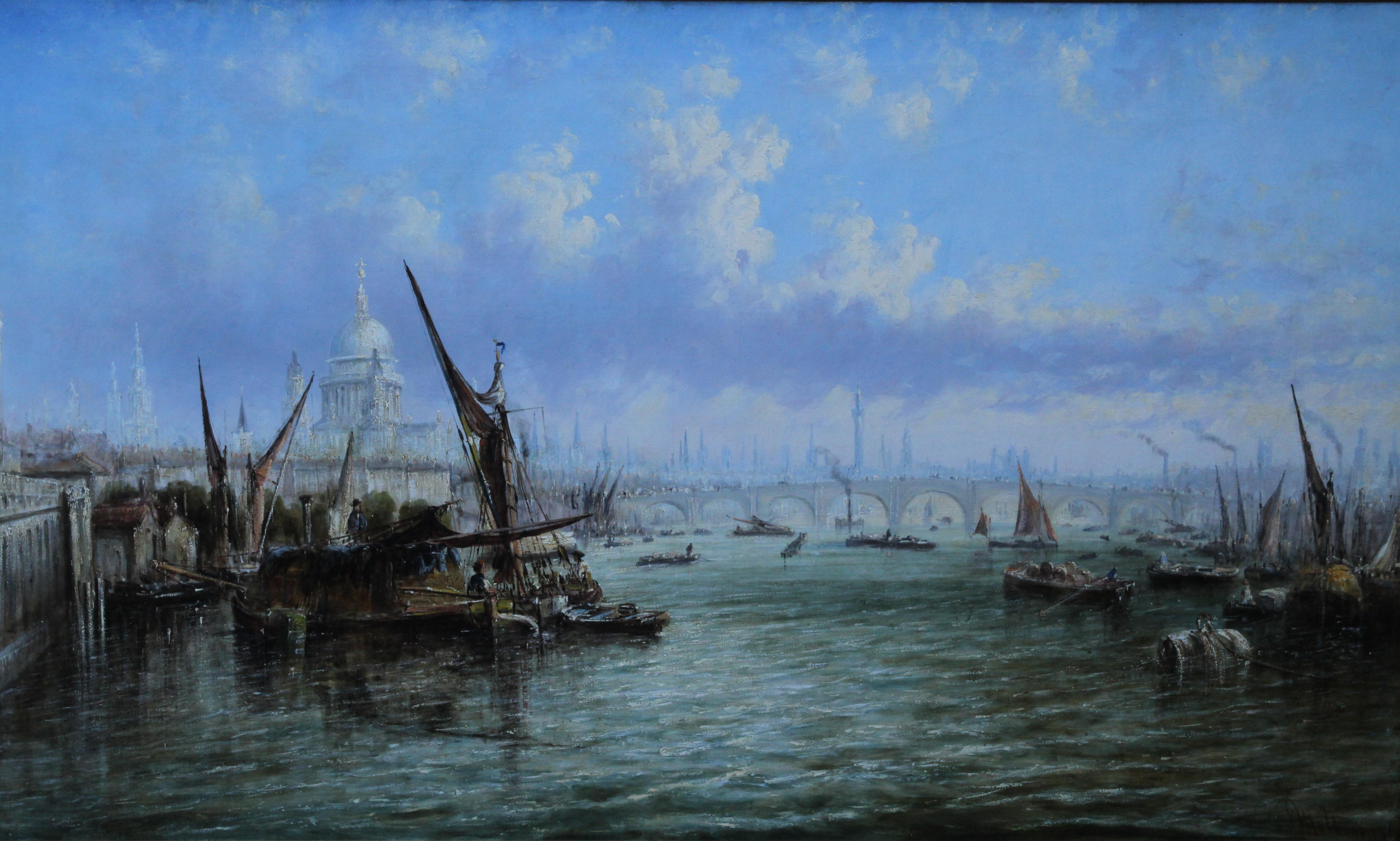 View on Thames Looking to Blackfriars Bridge - Italian 19thC art oil painting - Painting by Francis Moltino