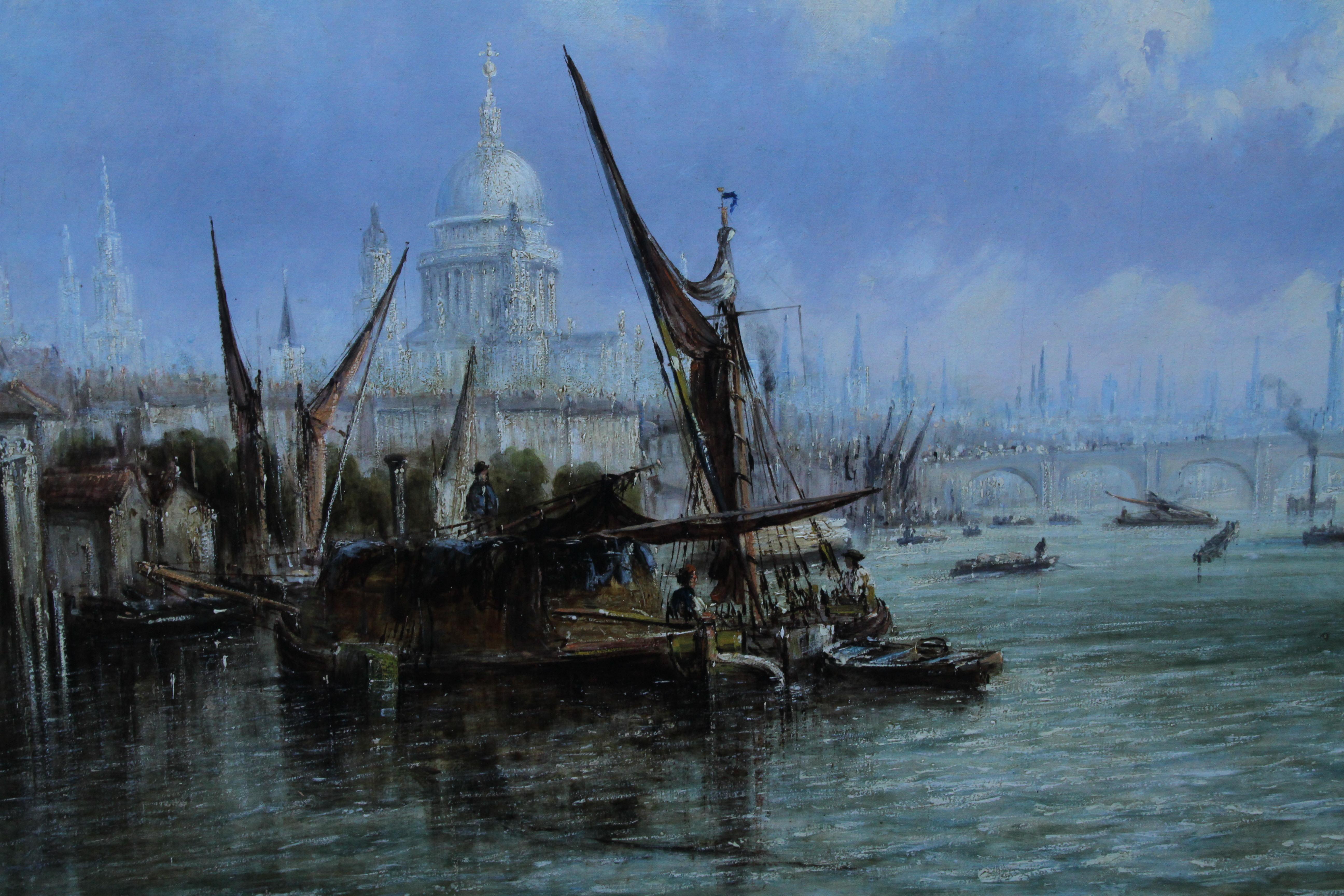 View on Thames Looking to Blackfriars Bridge - Italian 19thC art oil painting - Realist Painting by Francis Moltino