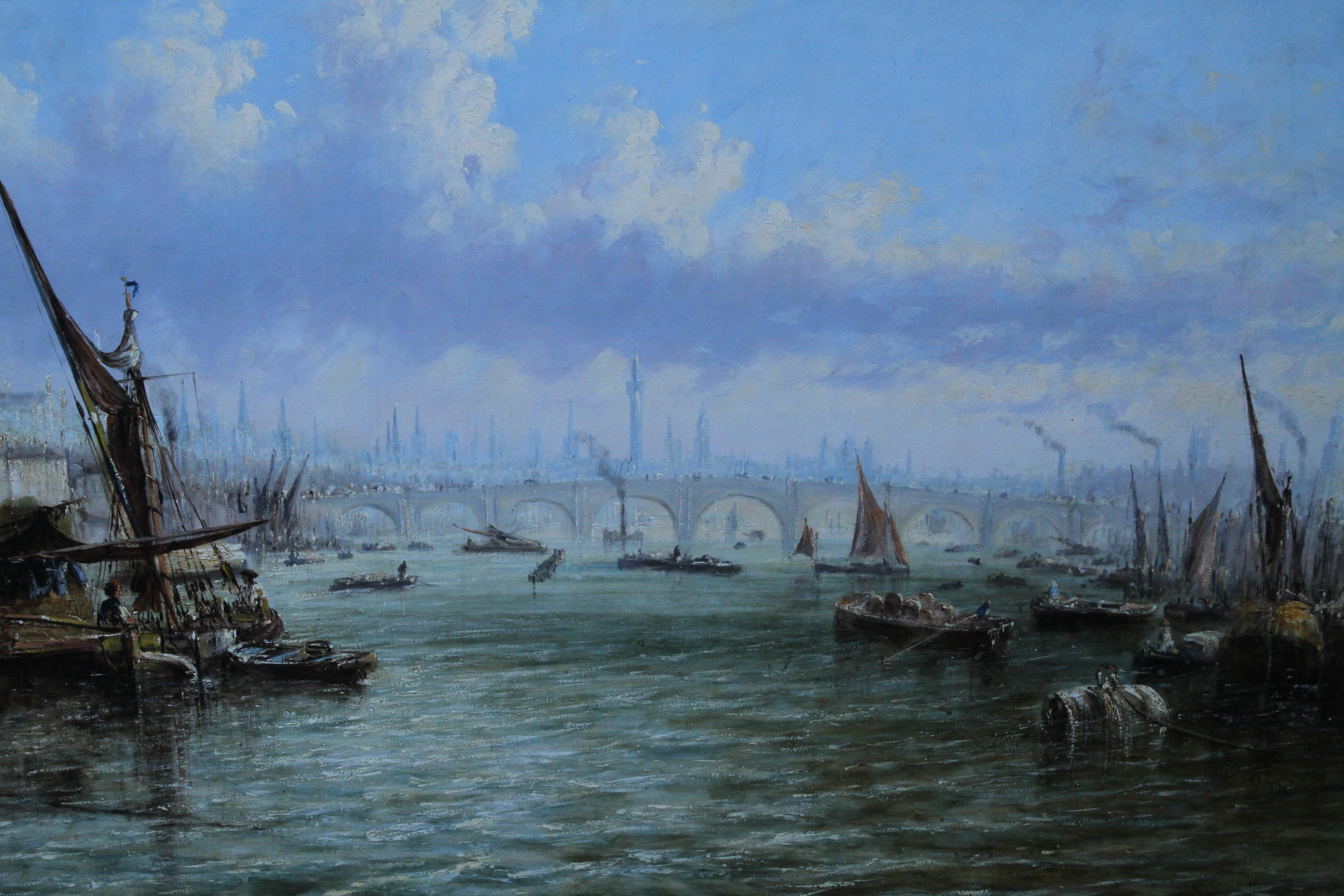 Cette grande peinture à l'huile captivante et étonnante est l'œuvre du célèbre artiste italien Francis Moltino. Peint en 1866, ce tableau représente une vue de la Tamise avec le pont de Blackfriars et la ville de Londres à l'arrière-plan. Une