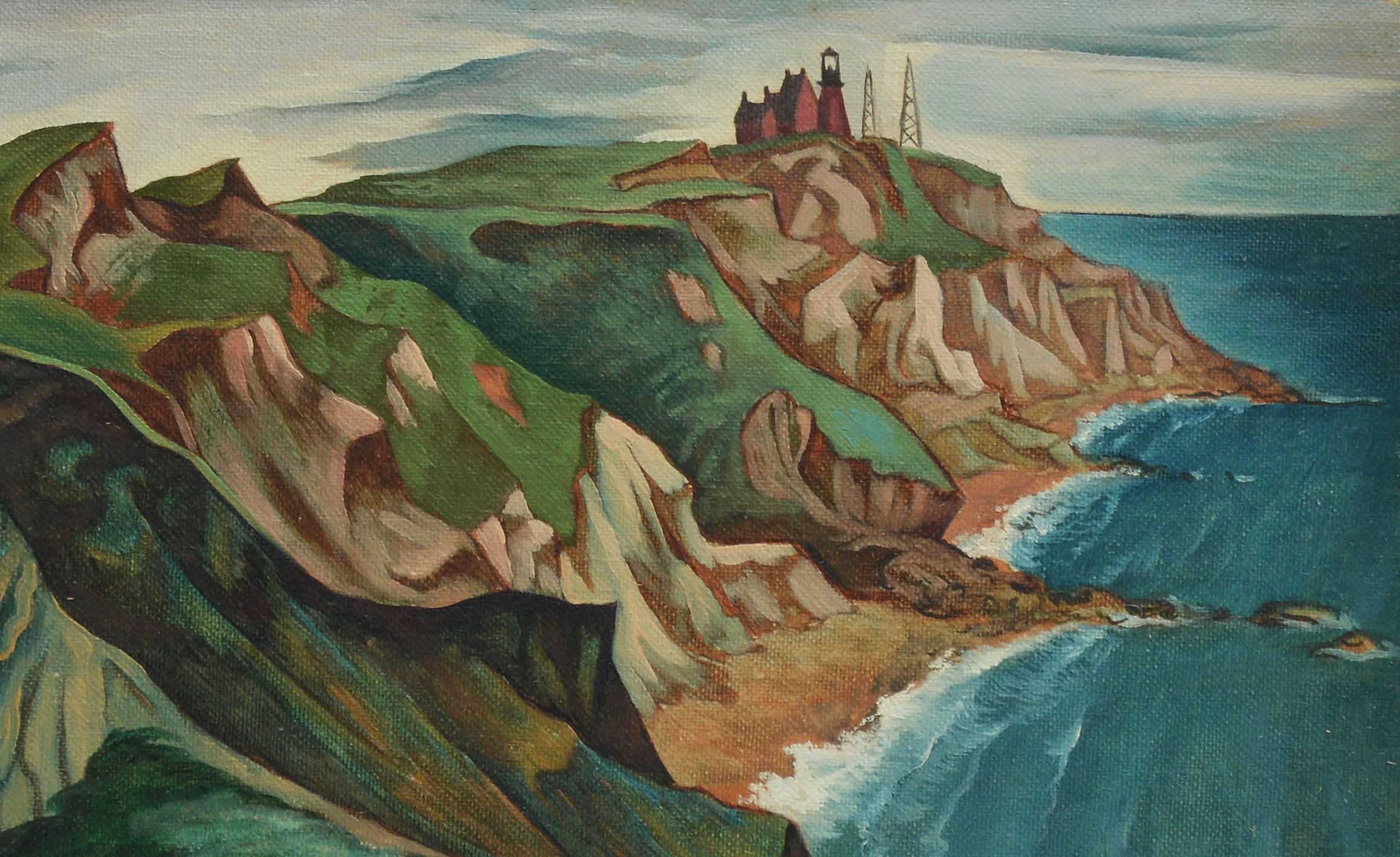 Modernist landscape view of Block Island by Francis Colburn  (1909 - 1984).  Oil on board, circa 1940.  Signed lower left.  Displayed in a giltwood frame.  Image size, 13