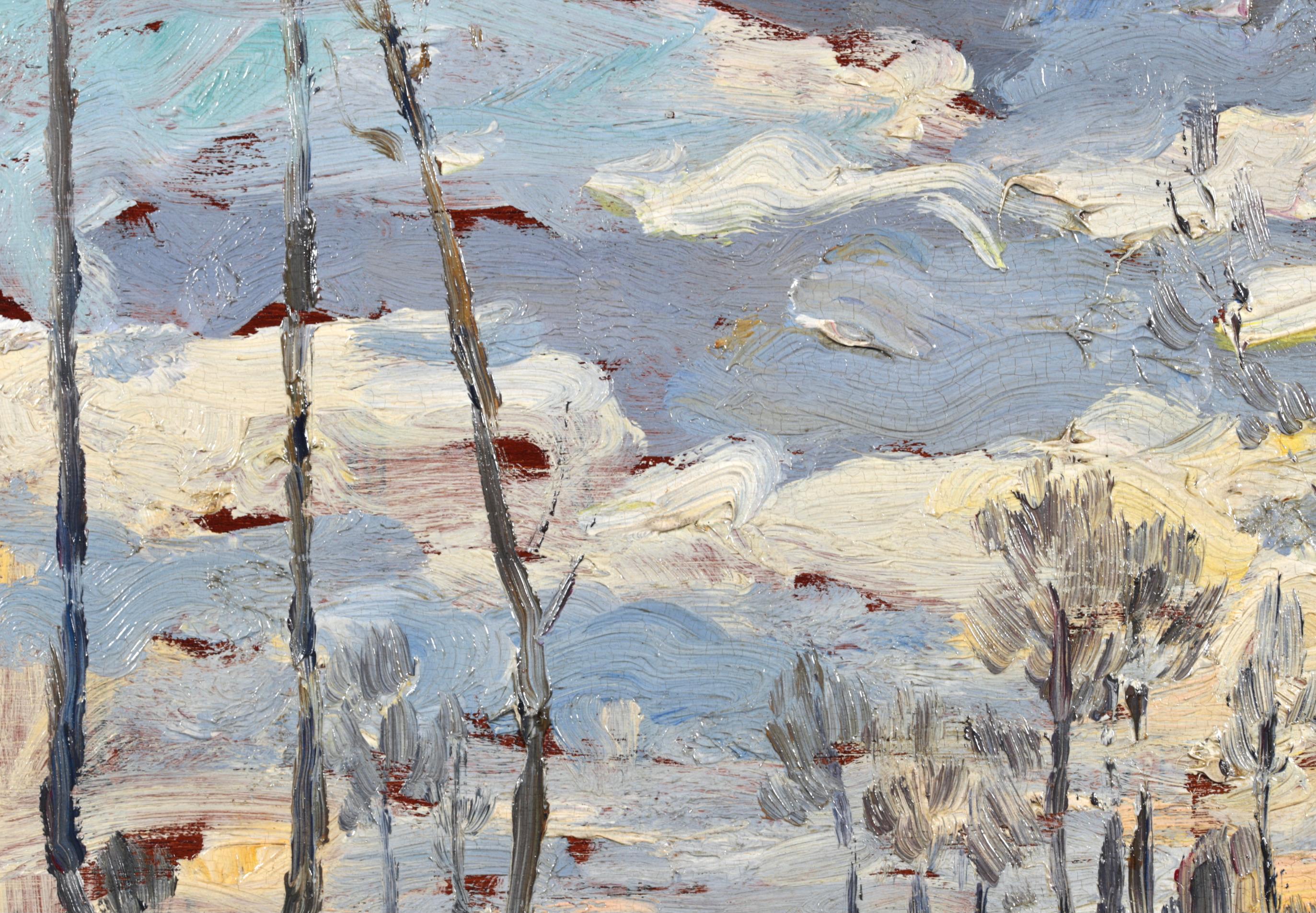 Paisaje postimpresionista al óleo sobre tabla, firmado y fechado, del pintor francés Francis Picabia. La obra representa praderas verdes abiertas con árboles desnudos salpicados y nubes que se mueven por el cielo azul.

Firma:
Firmado y fechado en