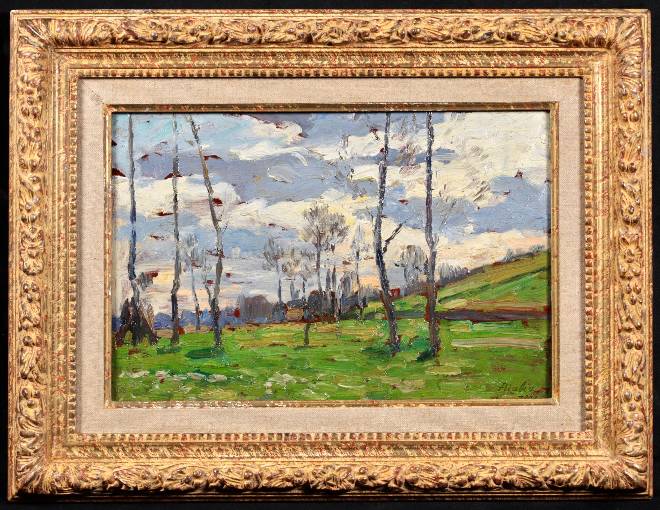 Signed and dated post impressionist oil on panel landscape by French painter Francis Picabia. The work depicts open green grassland with bare trees dotted around and clouds rolling through the blue sky overhead.

Signature:
Signed & dated 1902 lower