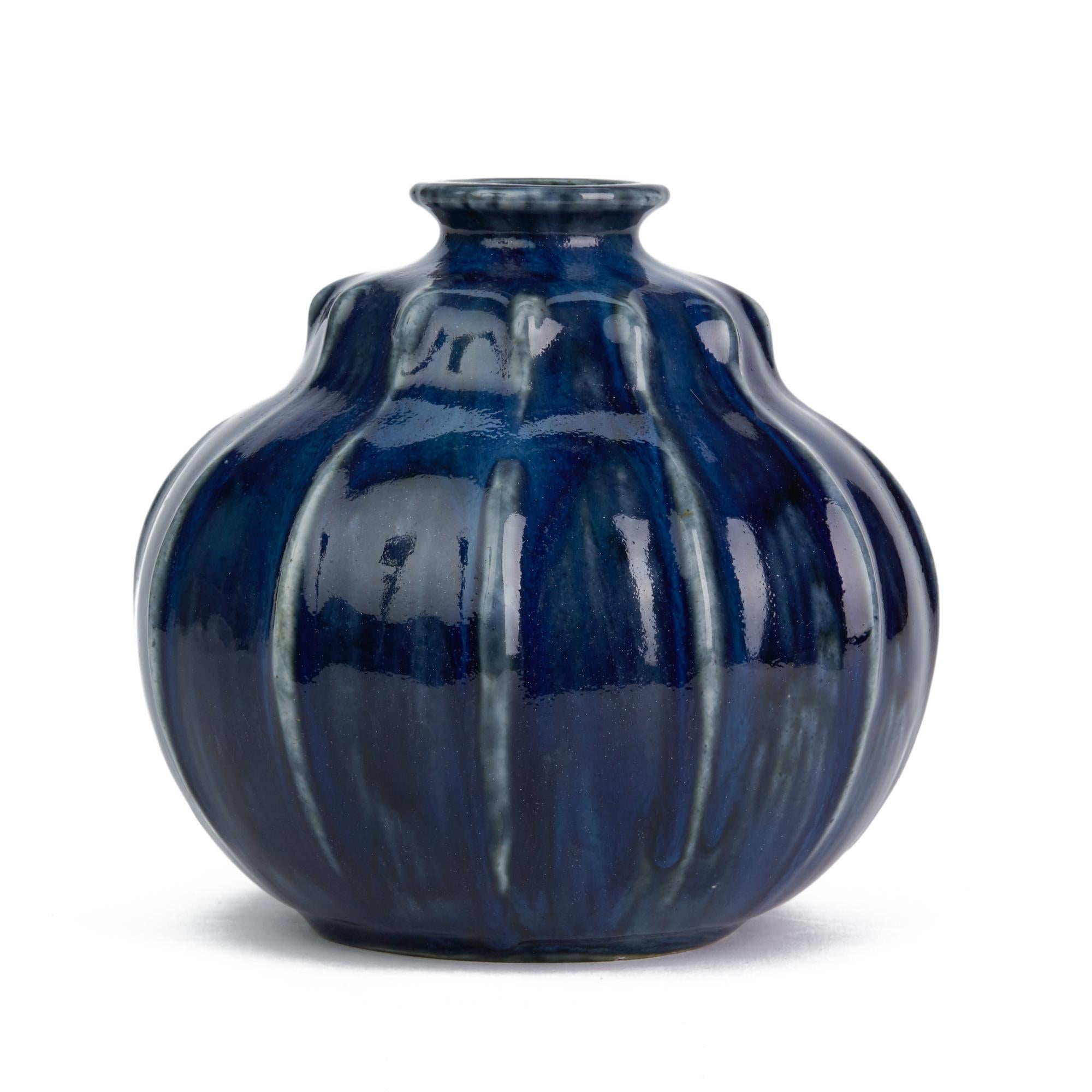 Early 20th Century Francis Pope Doulton Lambeth Gourd Shape Art Pottery Blue Glazed Vase circa 1910