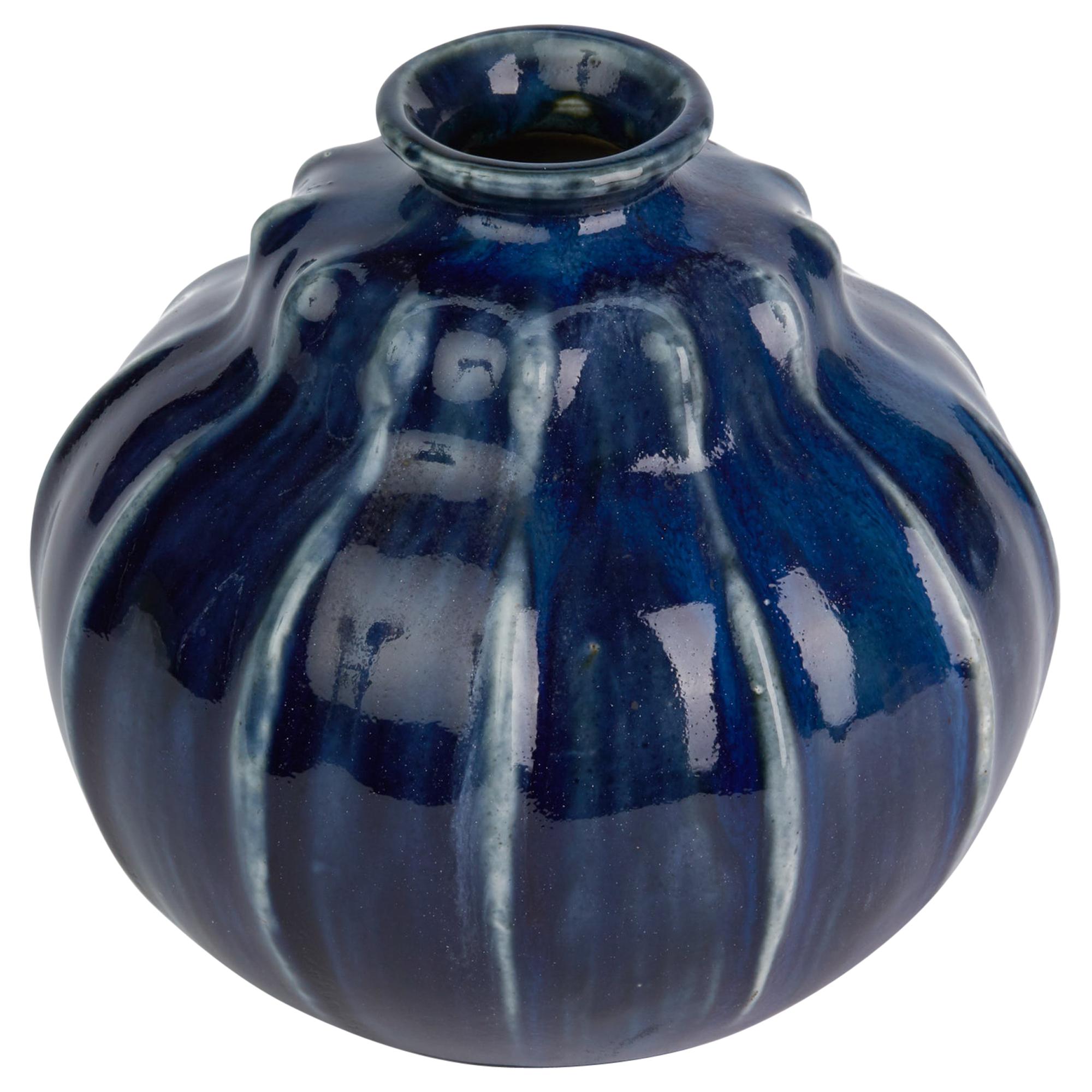 Francis Pope Doulton Lambeth Gourd Shape Art Pottery Blue Glazed Vase circa 1910