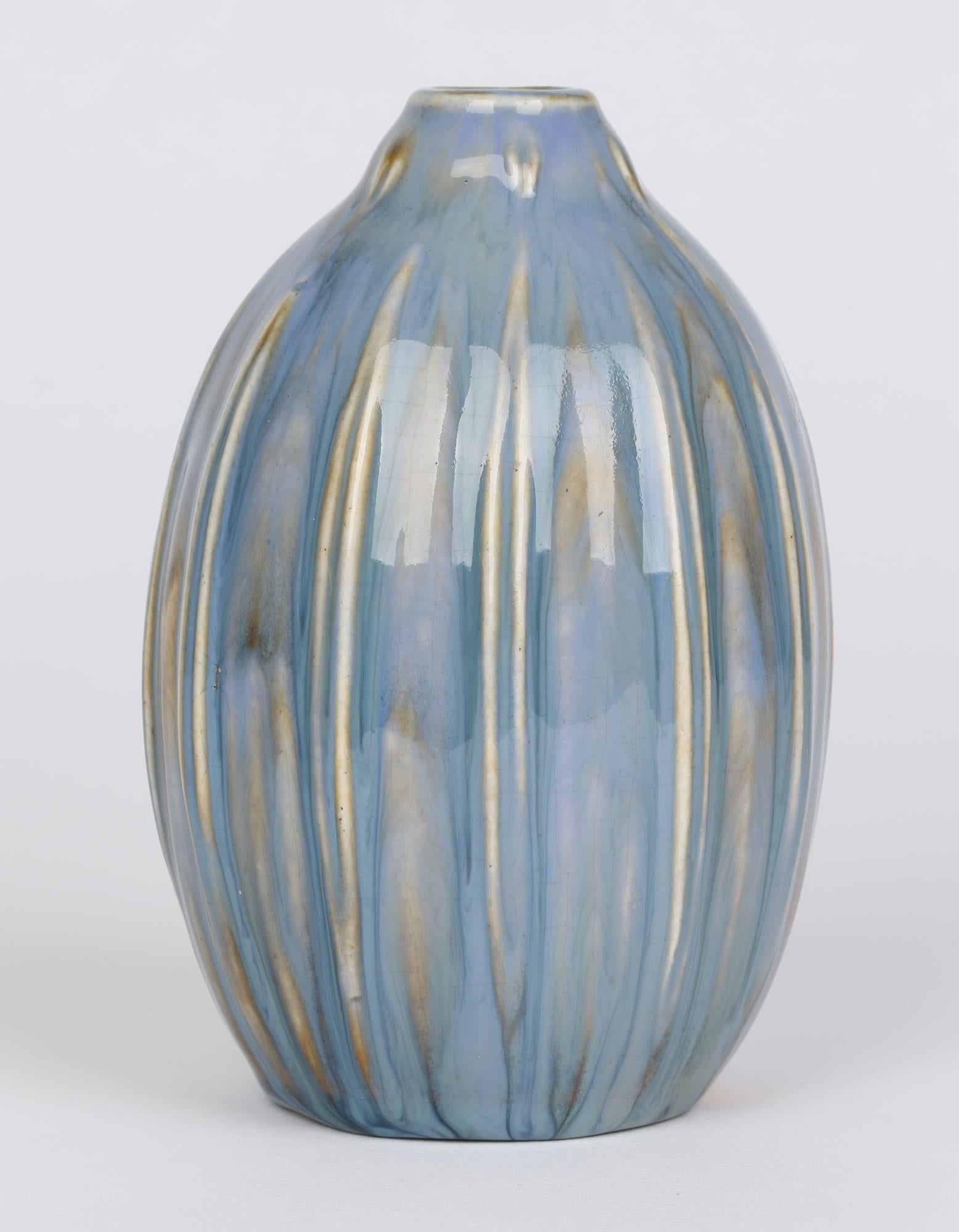 Francis Pope Doulton Lambeth Pair Blue Glazed Gourd Shaped Vases 3