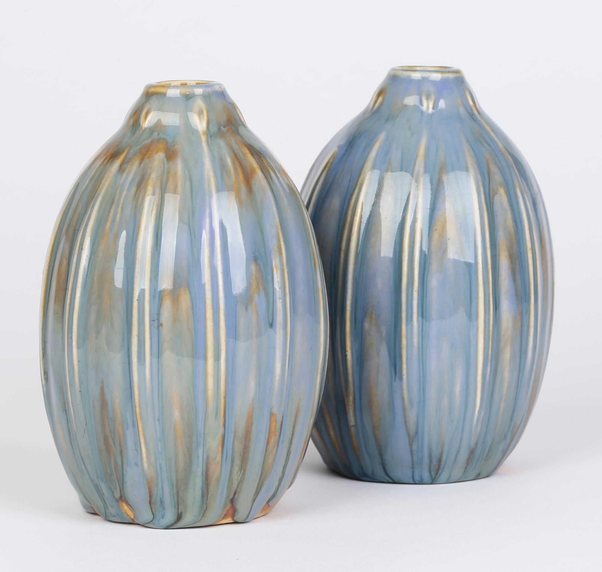 Francis Pope Doulton Lambeth Pair Blue Glazed Gourd Shaped Vases 4