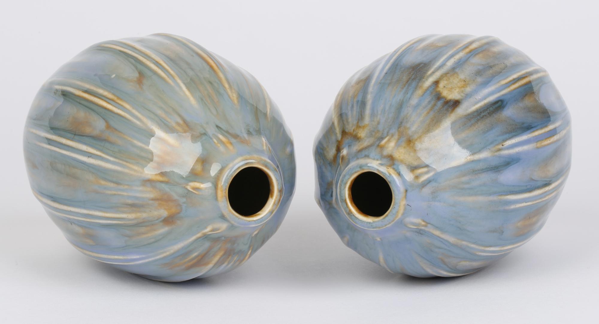 Francis Pope Doulton Lambeth Pair Blue Glazed Gourd Shaped Vases 6