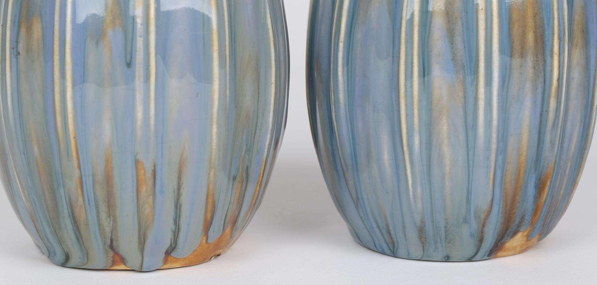 Francis Pope Doulton Lambeth Pair Blue Glazed Gourd Shaped Vases 7