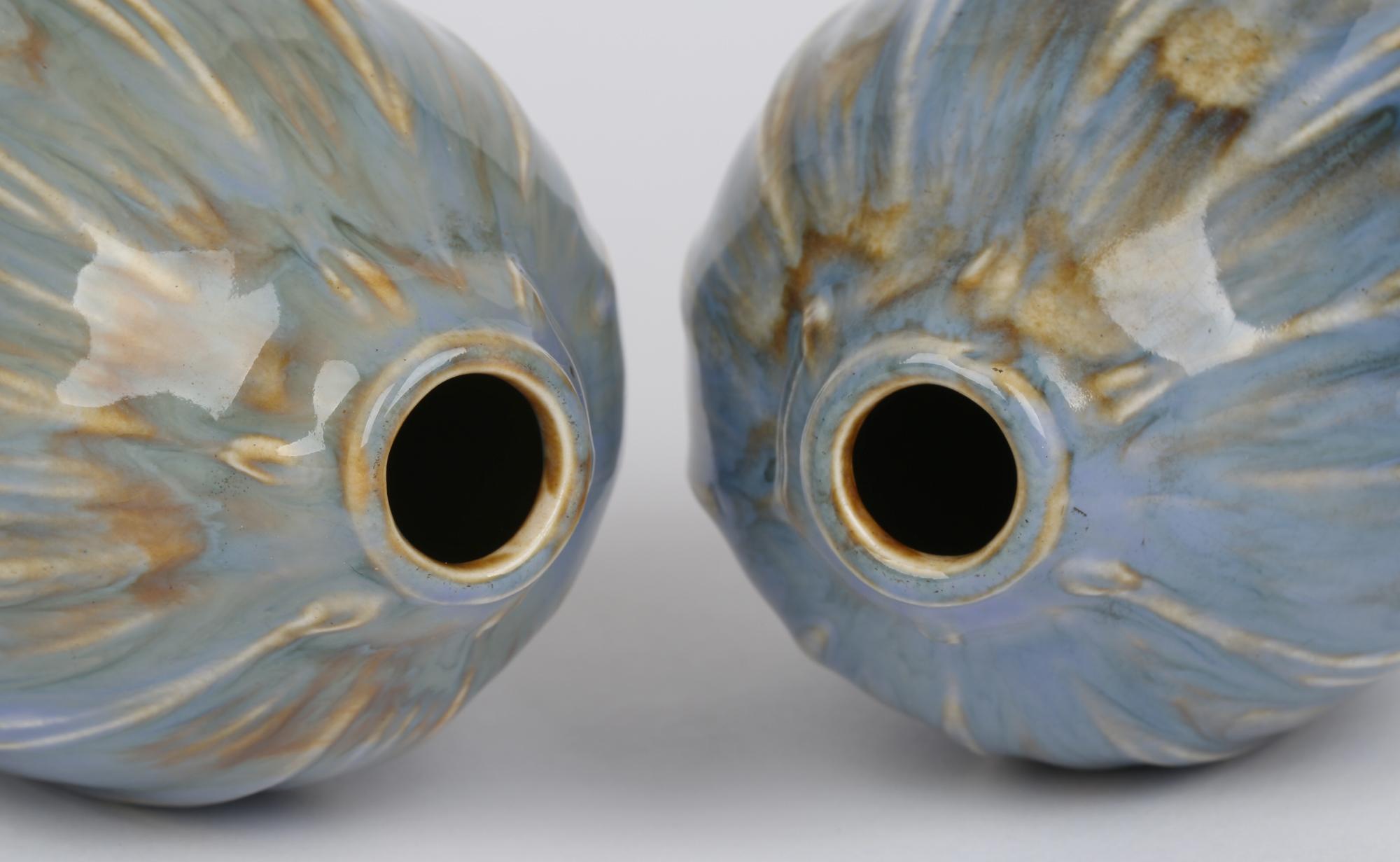 Francis Pope Doulton Lambeth Pair Blue Glazed Gourd Shaped Vases 8