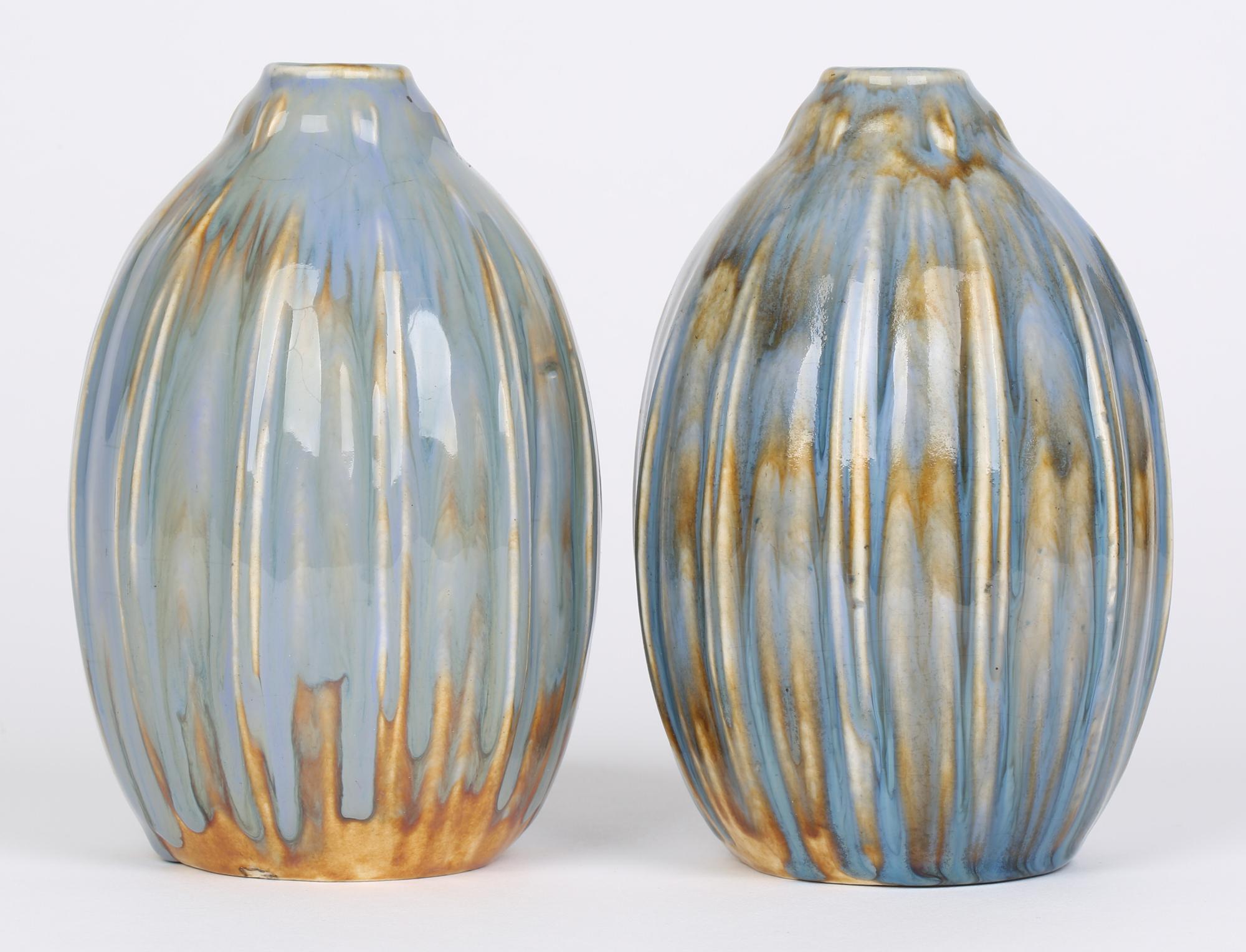 Francis Pope Doulton Lambeth Pair Blue Glazed Gourd Shaped Vases 9