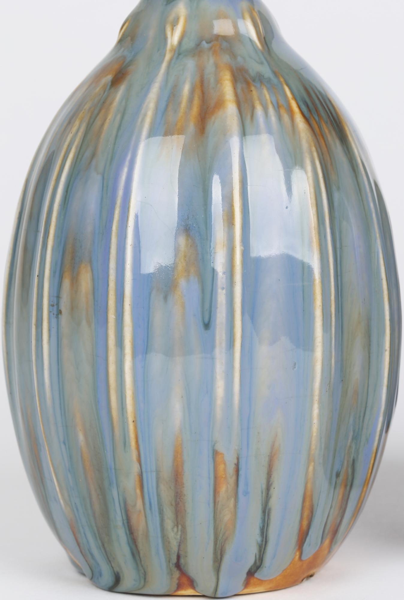 Francis Pope Doulton Lambeth Pair Blue Glazed Gourd Shaped Vases 10