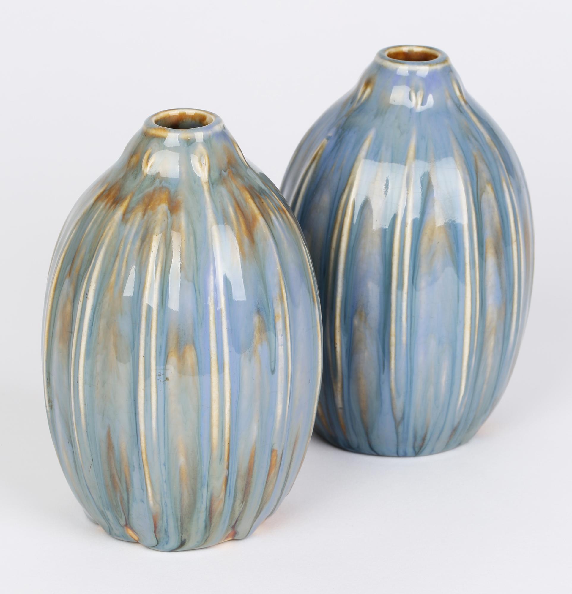Francis Pope Doulton Lambeth Pair Blue Glazed Gourd Shaped Vases 12
