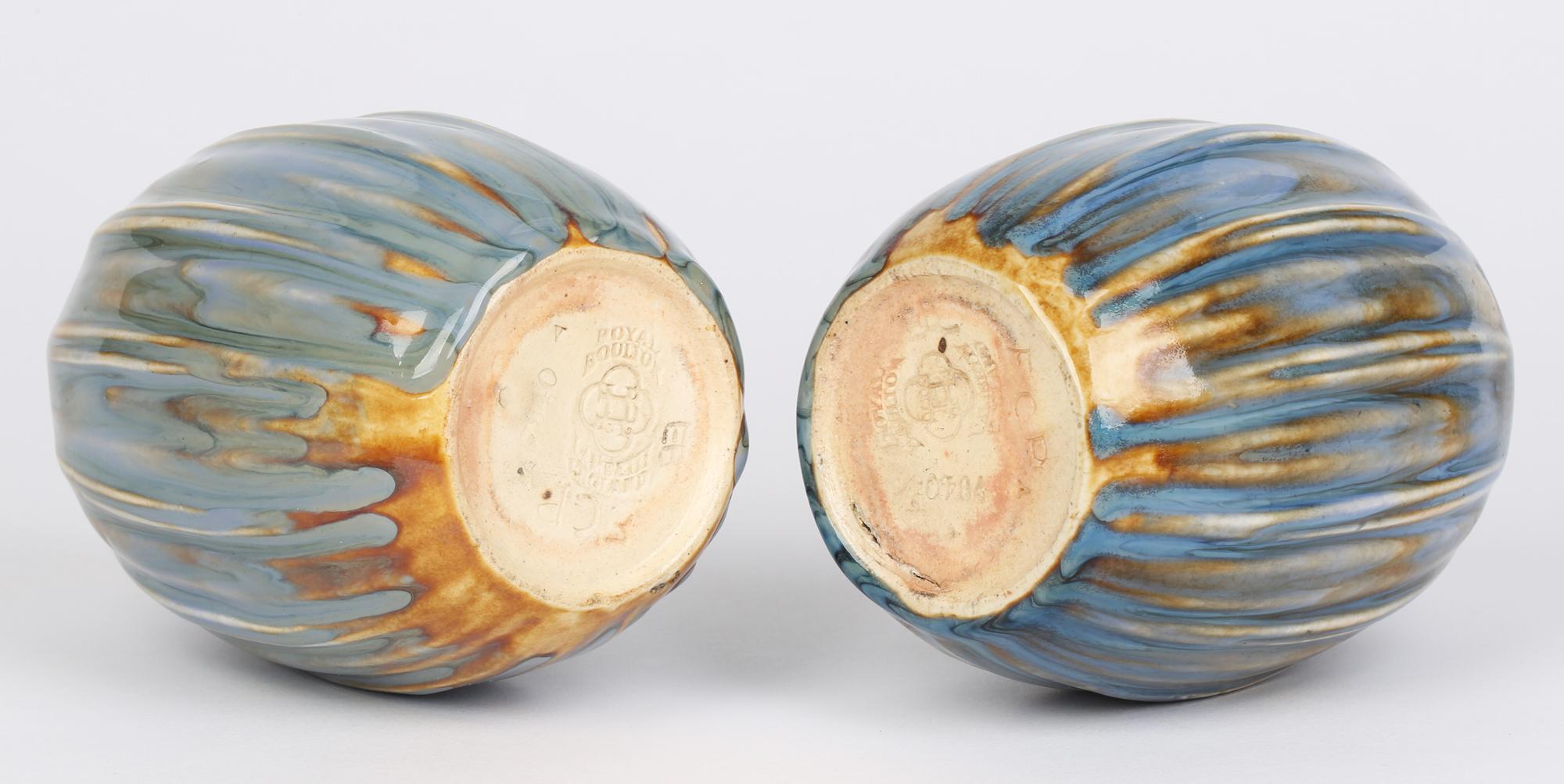 Art Deco Francis Pope Doulton Lambeth Pair Blue Glazed Gourd Shaped Vases