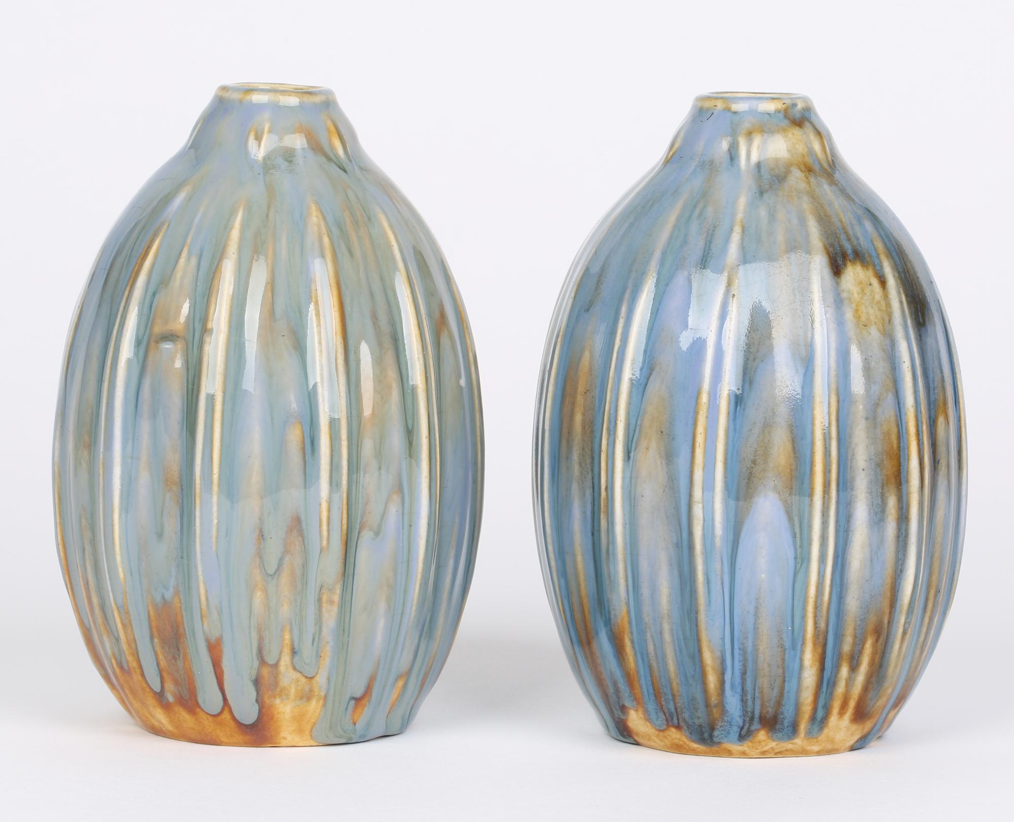English Francis Pope Doulton Lambeth Pair Blue Glazed Gourd Shaped Vases