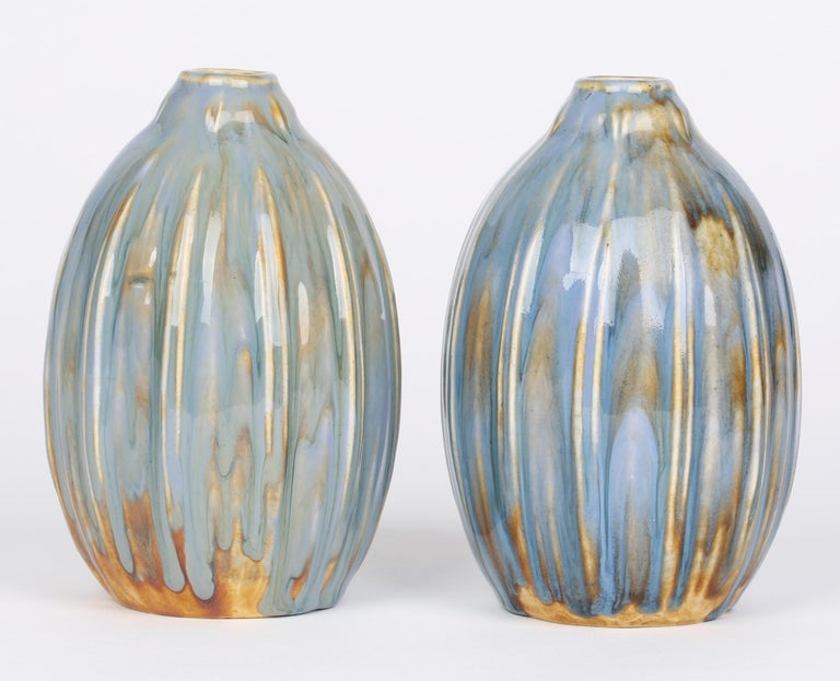 Francis Pope Doulton Lambeth Pair Blue Glazed Gourd Shaped Vases at 1stDibs