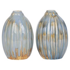 Francis Pope Doulton Lambeth Pair Blue Glazed Gourd Shaped Vases