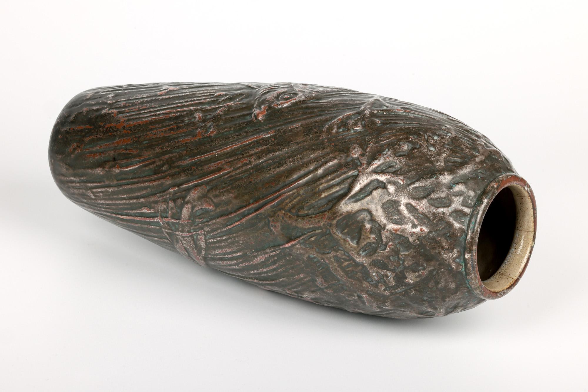 Arts and Crafts Francis Pope Rare Copper Clad Doulton Lambeth Fish Vase For Sale