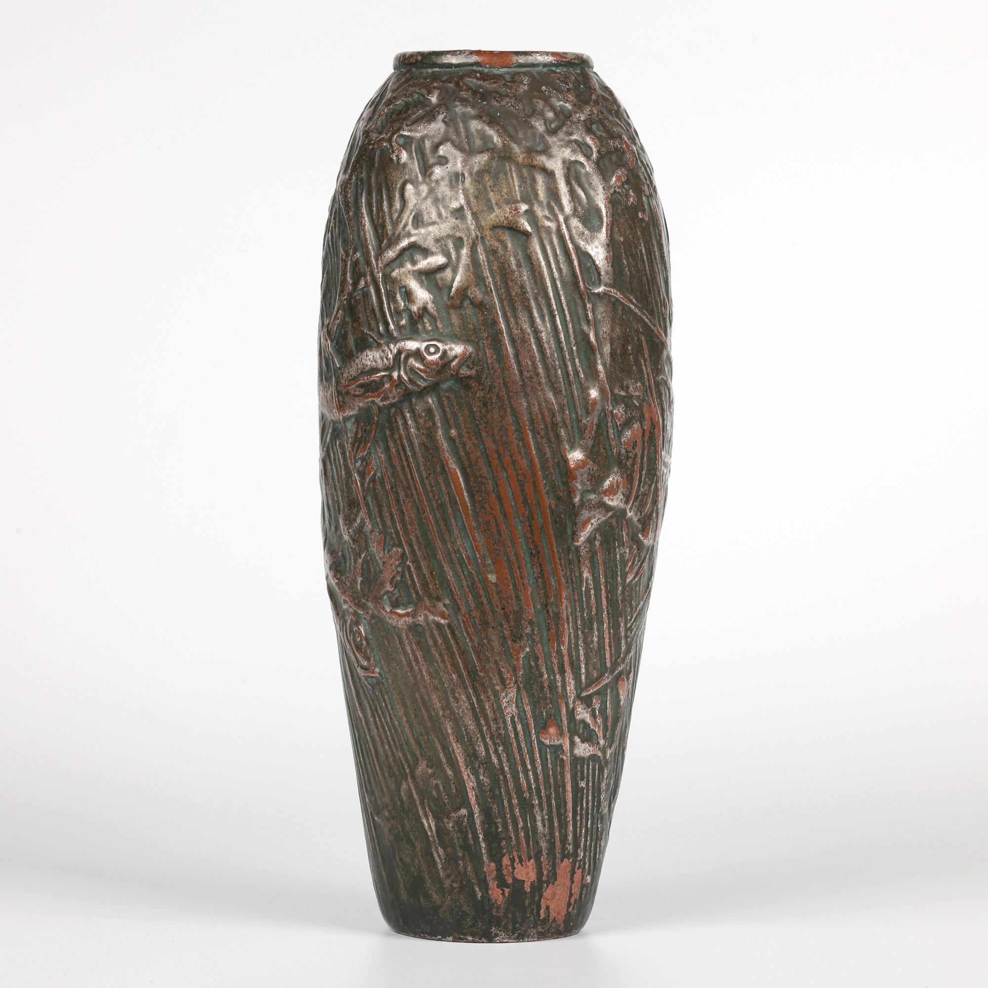 20th Century Francis Pope Rare Copper Clad Doulton Lambeth Fish Vase For Sale