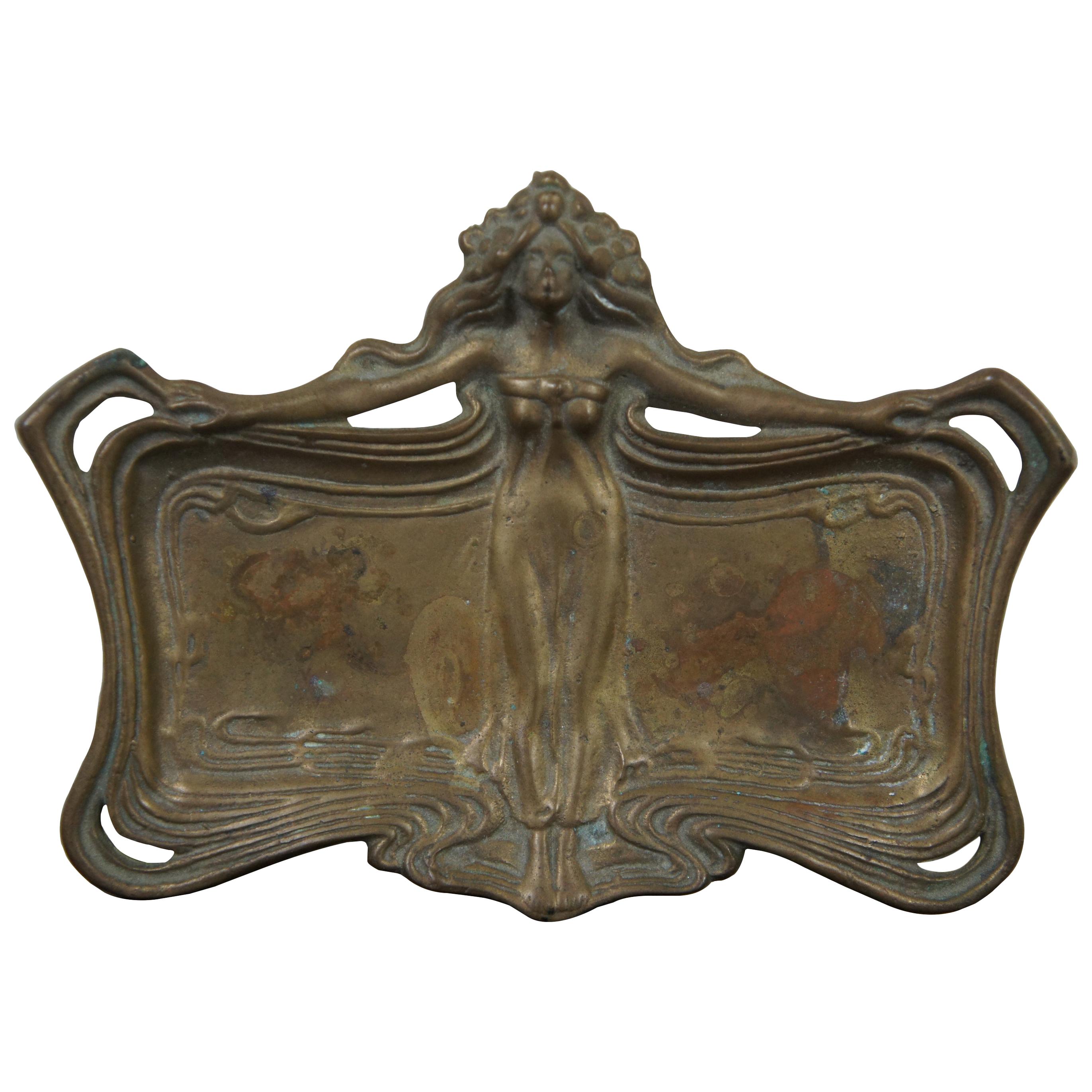 Francis Renaud French Bronze Art Nouveau Figural Tray Vanity Dish Nymph Maiden