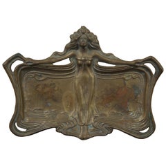 Francis Renaud French Bronze Art Nouveau Figural Tray Vanity Dish Nymph Maiden