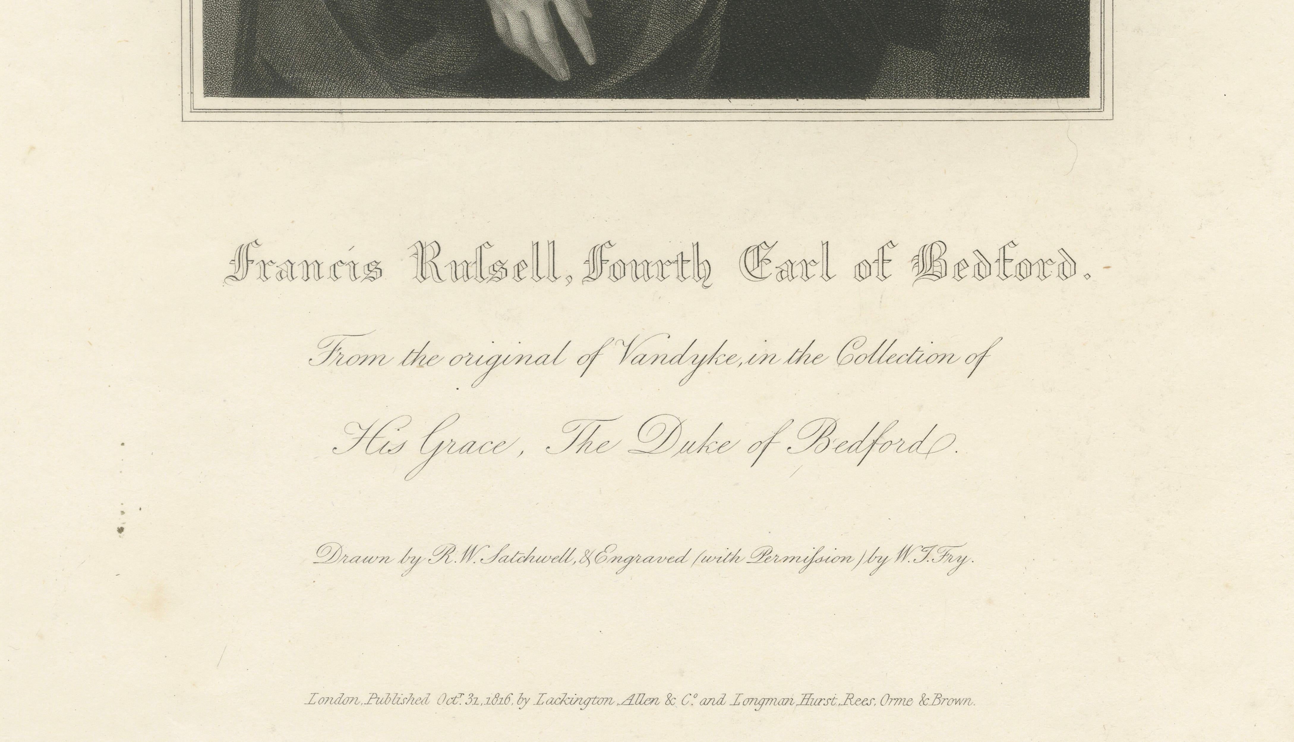 Francis Russell Portrait Engraving, Earl of Bedford, Antique Print 1836