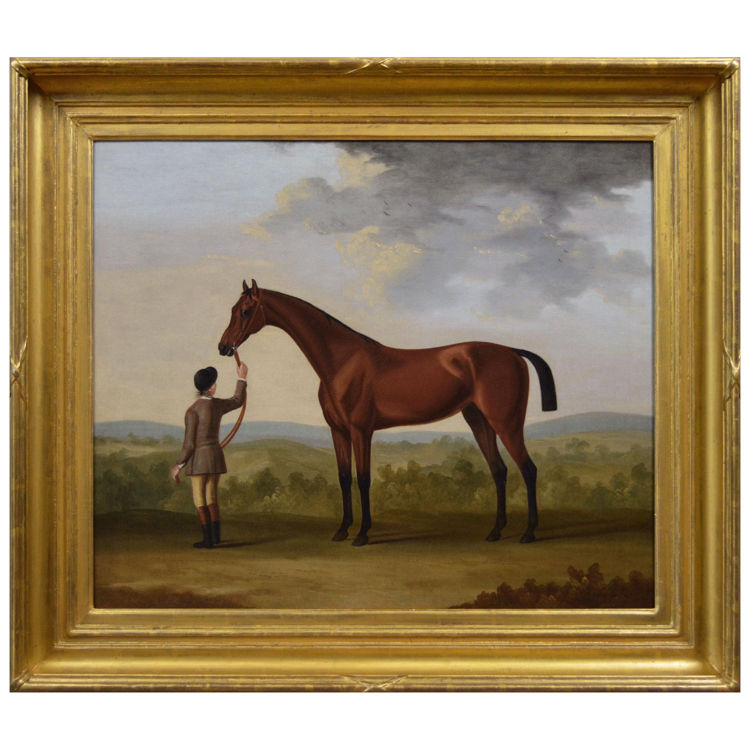 Portrait à l'huile du 18e siècle représentant un cheval de course et son écusson