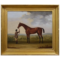 18th Century sporting horse portrait oil painting of a race horse and groom