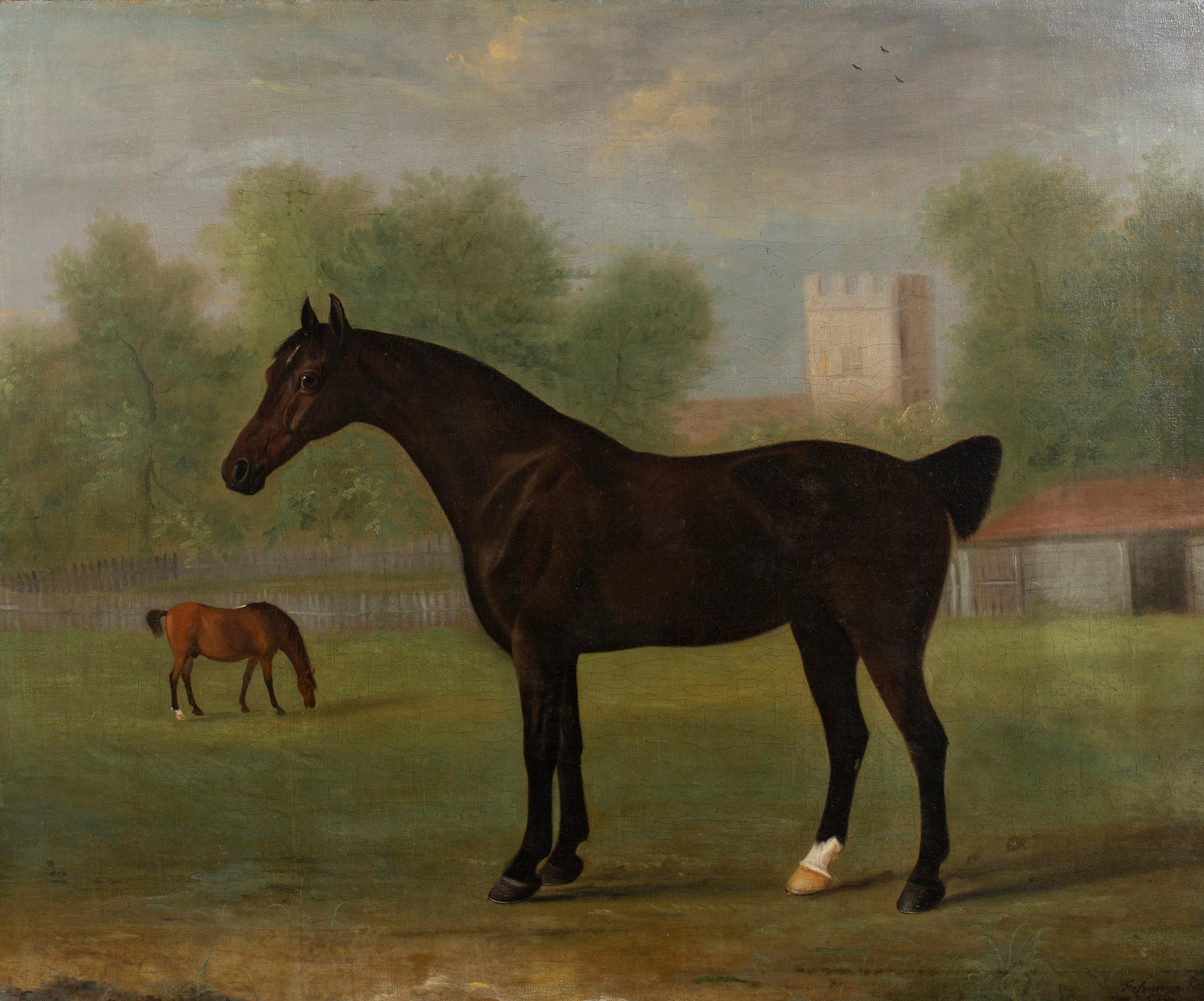18th English painting of a dark bay horse in a paddock, signed and dated - Painting by Francis Sartorius