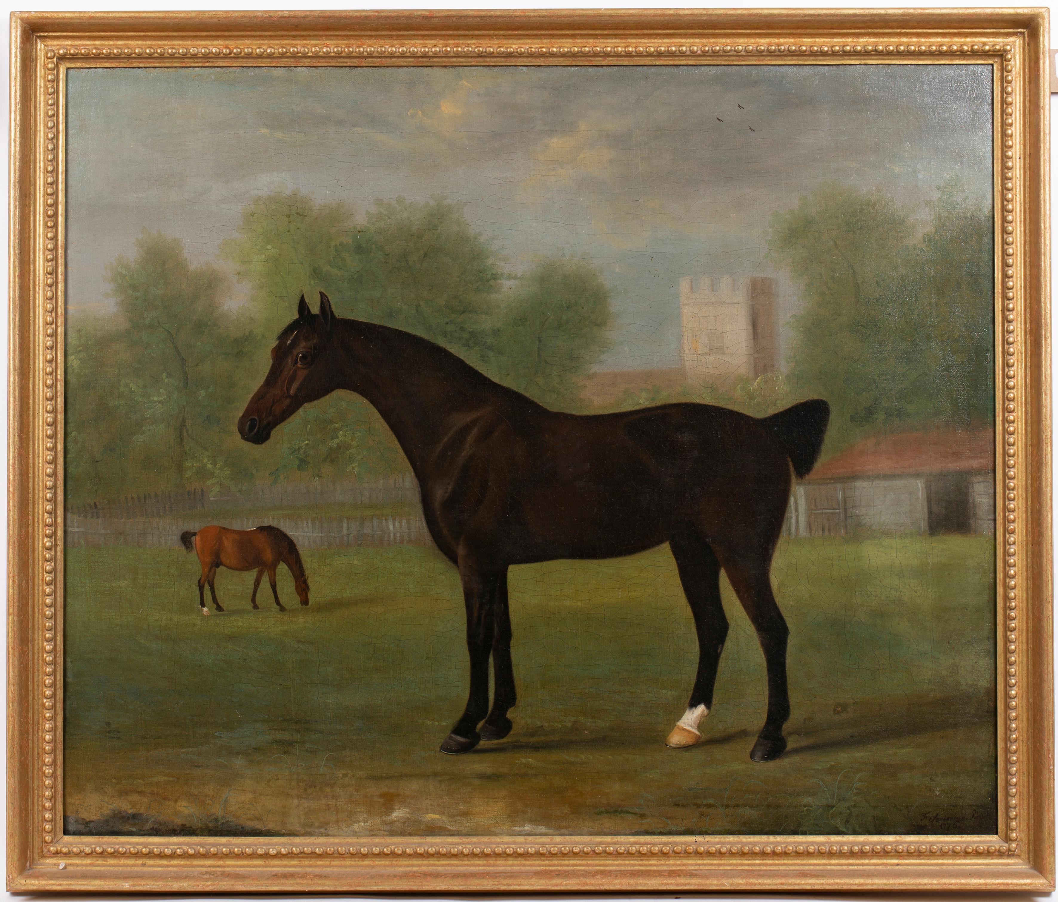 Francis Sartorius Animal Painting - 18th English painting of a dark bay horse in a paddock, signed and dated