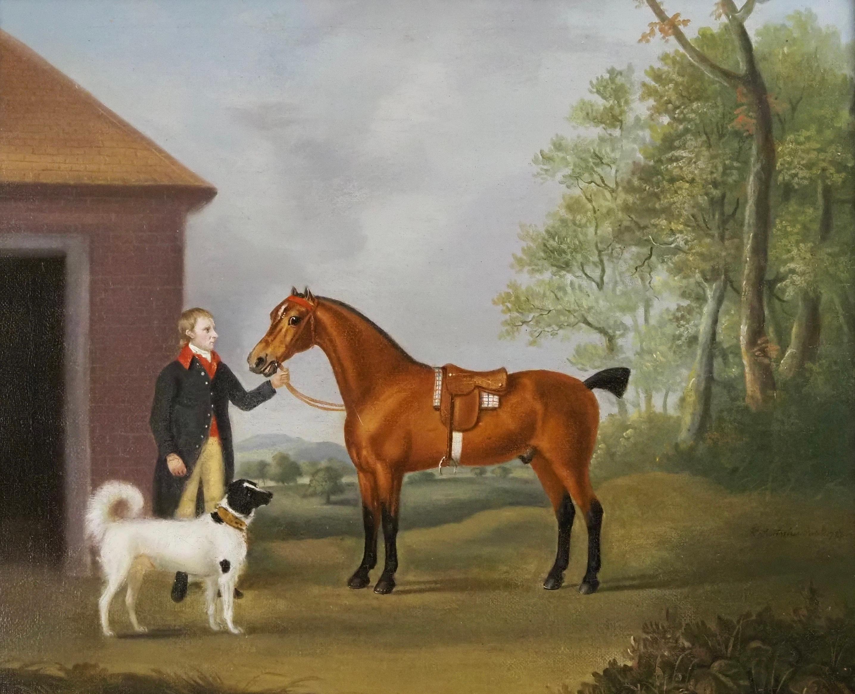 A bay horse with groom and dog - Painting by Francis Sartorius