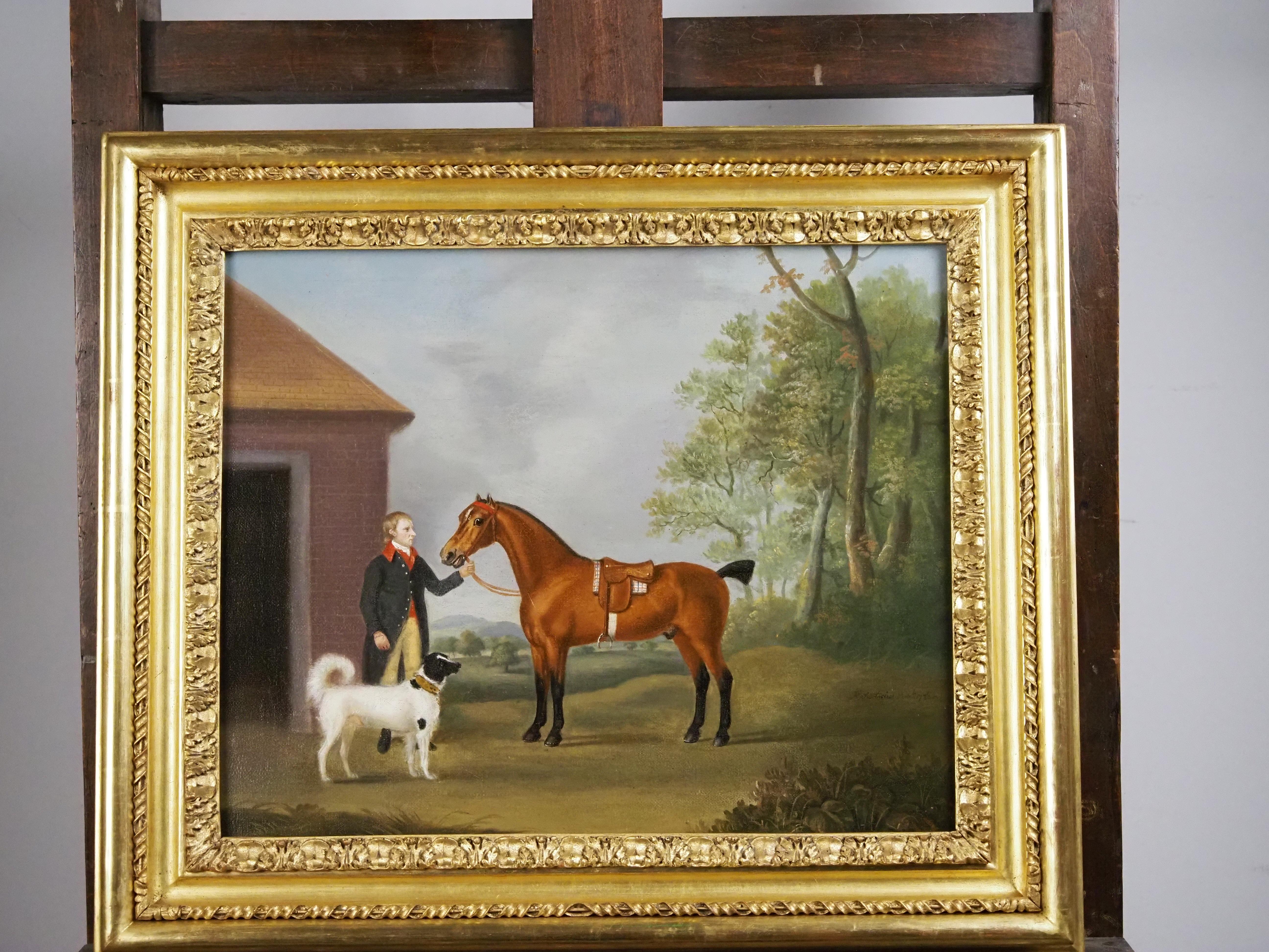 A bay horse with groom and dog - Old Masters Painting by Francis Sartorius