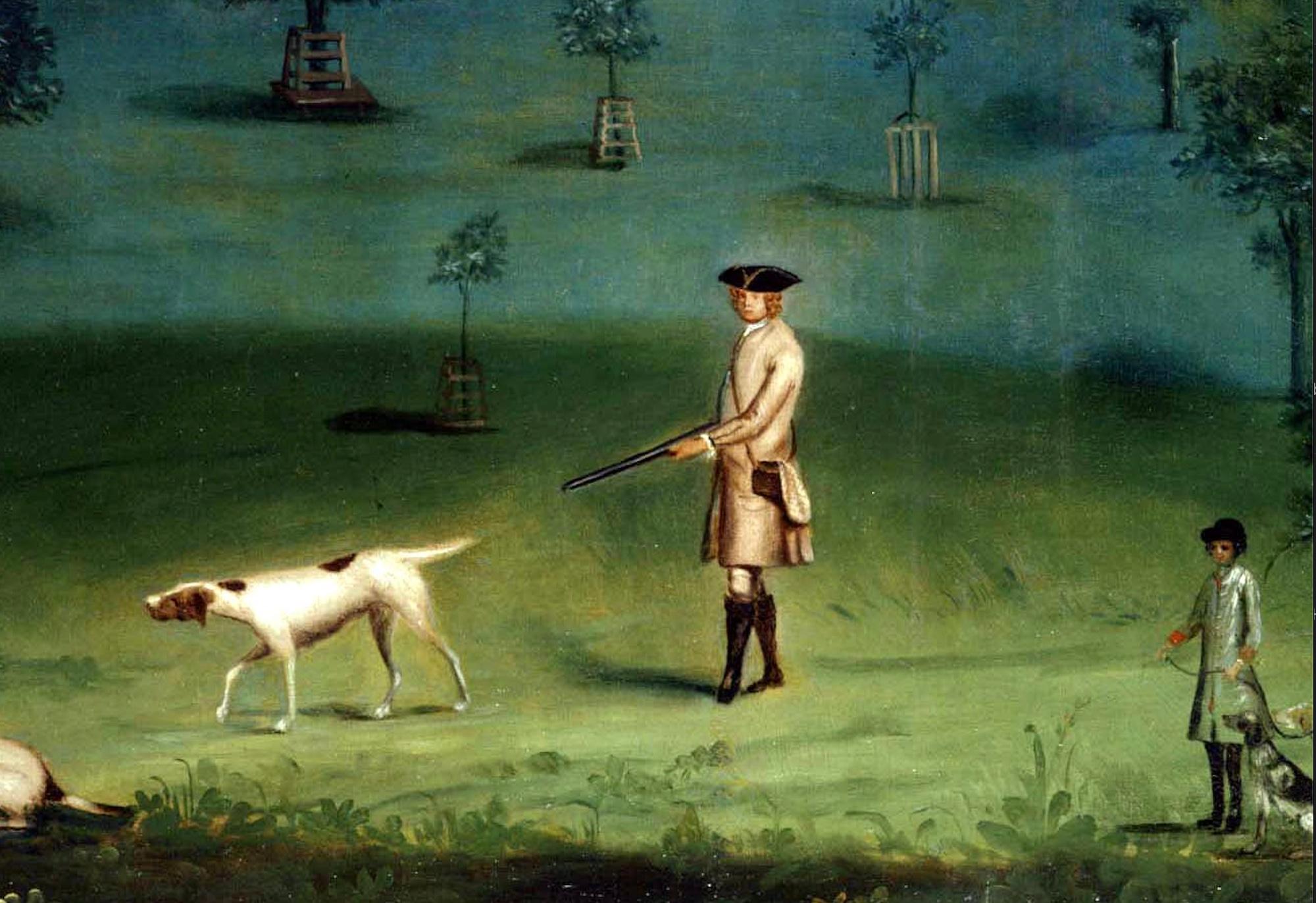 A gentleman shooting in a landscape, with a country house beyond - Painting by Francis Sartorius