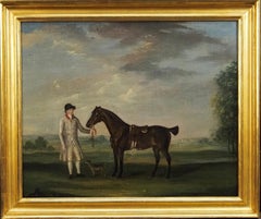 Antique A horse and groom with a dog