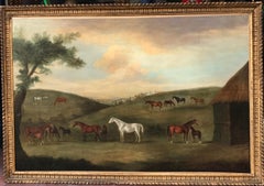 Peinture à l'huile de Sartorius du 18e siècle représentant des chevaux dans un paysage - juments et poulains