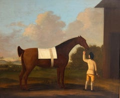 Belle peinture à l'huile d'art sportif anglais des années 1760, cheval de baie et palefrenier dans un paysage