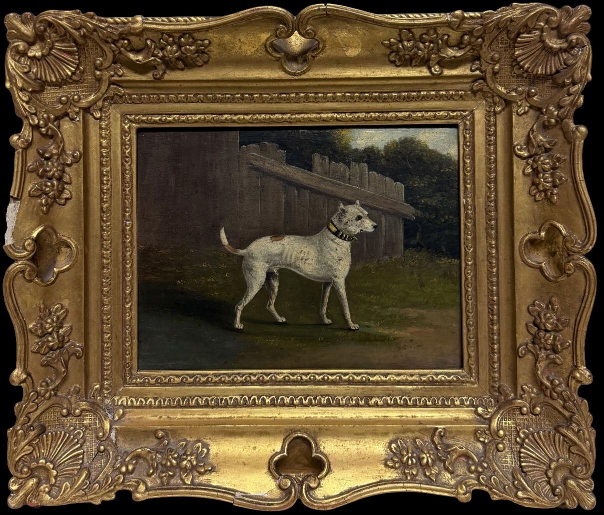 Francis Sartorius Landscape Painting – Fine Antique English White Bull Terrier Hund in einer bewaldeten Landschaft Ölgemälde