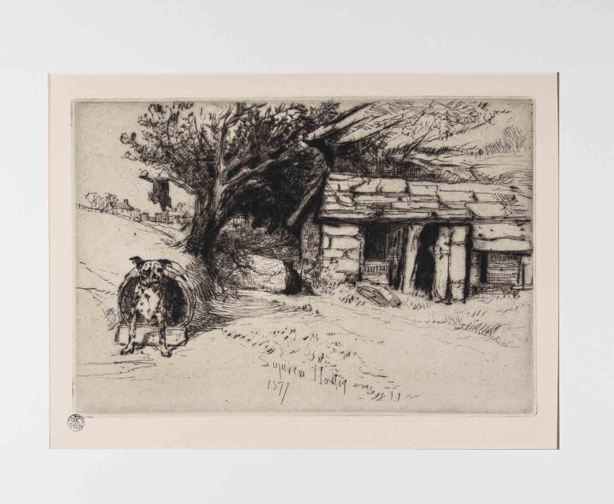 The Cabin is an original Modern artwork realized by Sir Francis Saymour-Haden (16 September 1818 – 1 June 1910) in 1877.

Beautiful Proof on vélin fort, with stamp "Lugt 1048”. Full margins.

Drypoint on paper.

Signed and dated on plate on the
