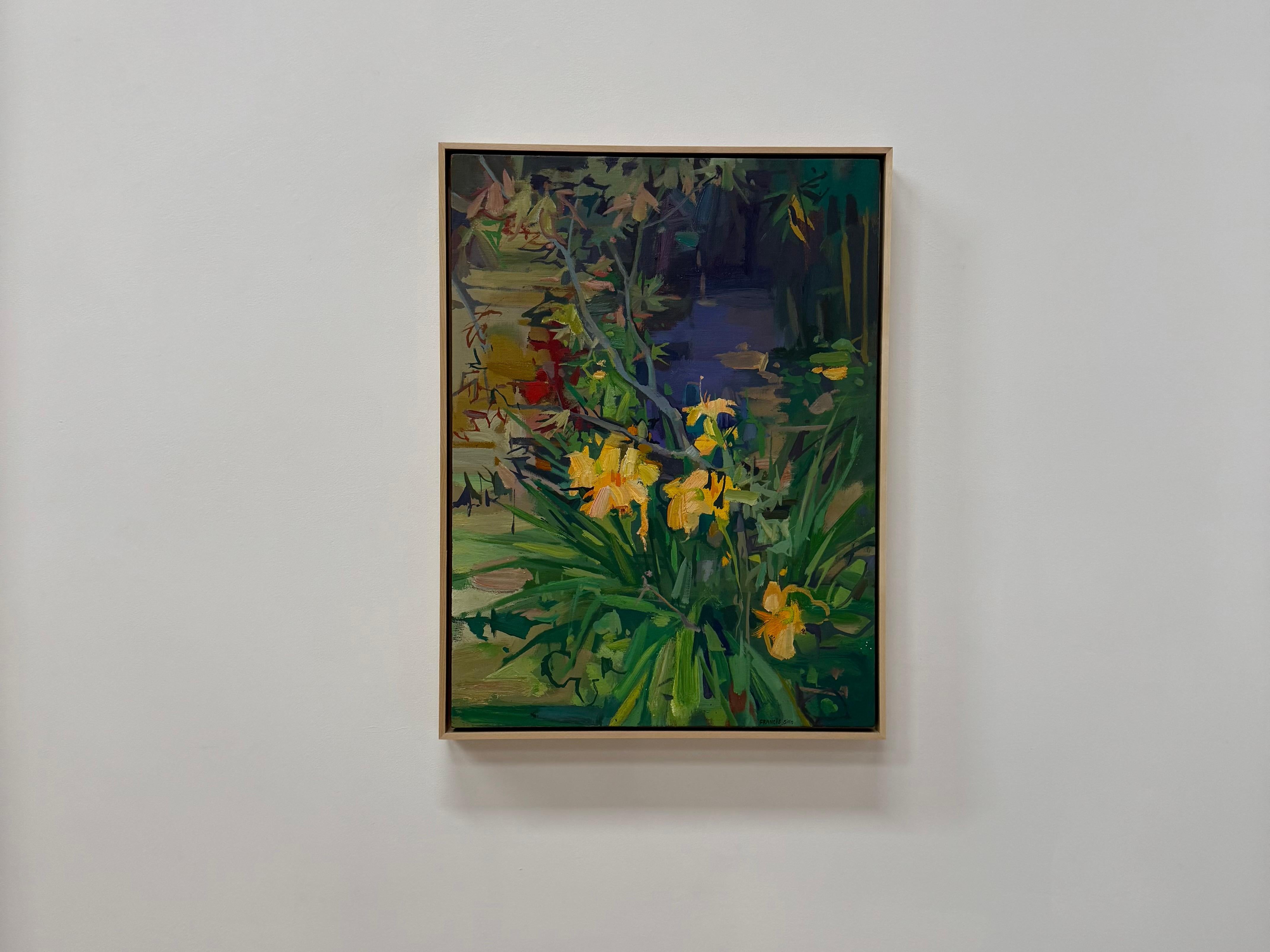 Day Lilies With Japanese Maple - Botanical Orange Flowers Red Tree Garden, 2024 - Painting by Francis Sills