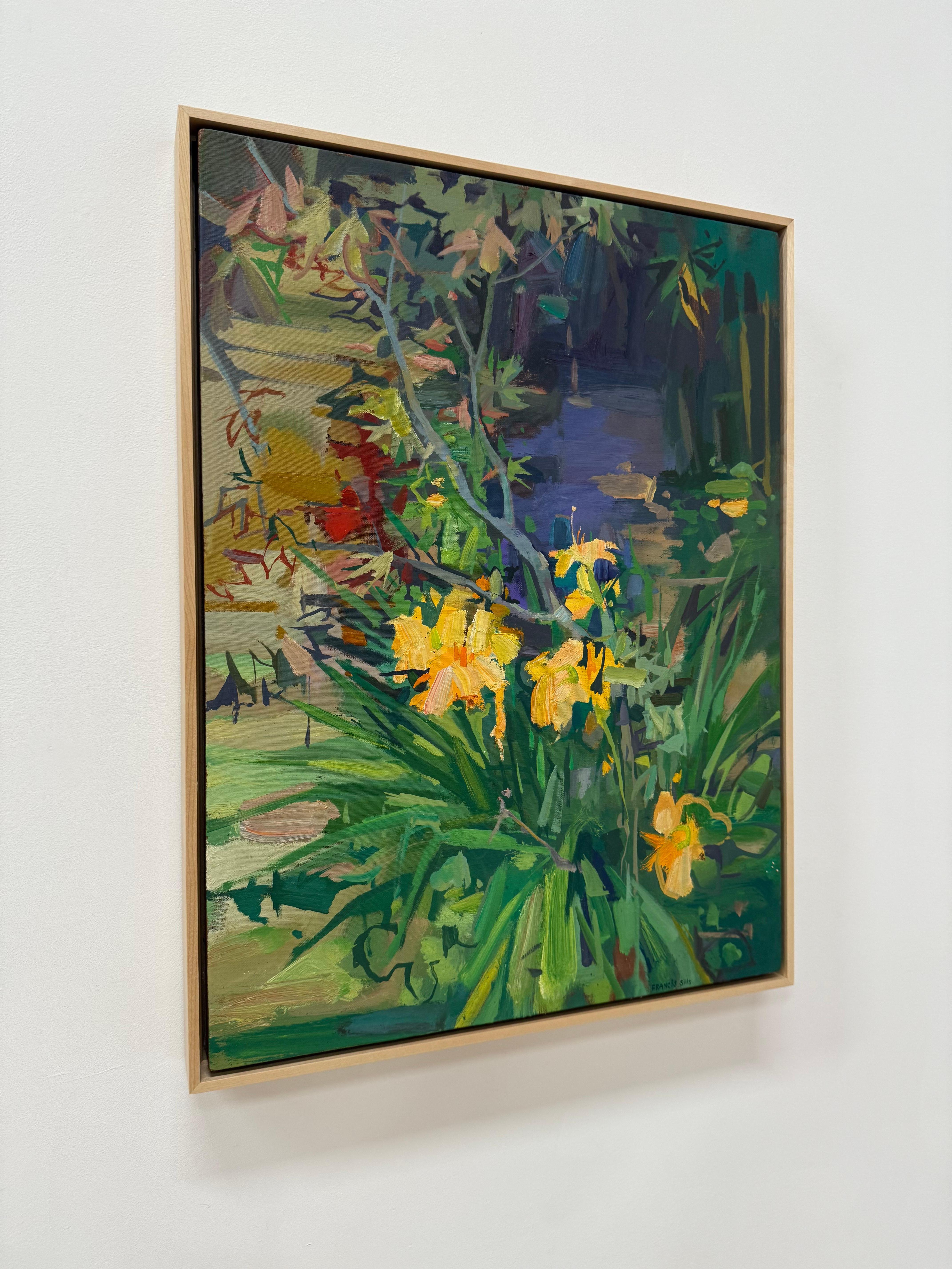 Day Lilies With Japanese Maple - Botanical Orange Flowers Red Tree Garden, 2024 - Contemporary Painting by Francis Sills